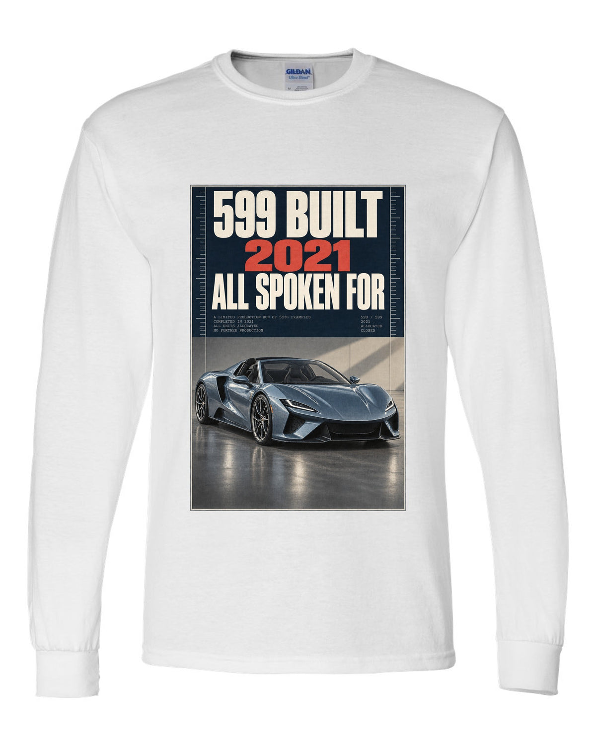 Halftone print of the Ferrari Daytona SP3 on a tee white long sleeve front view with the design