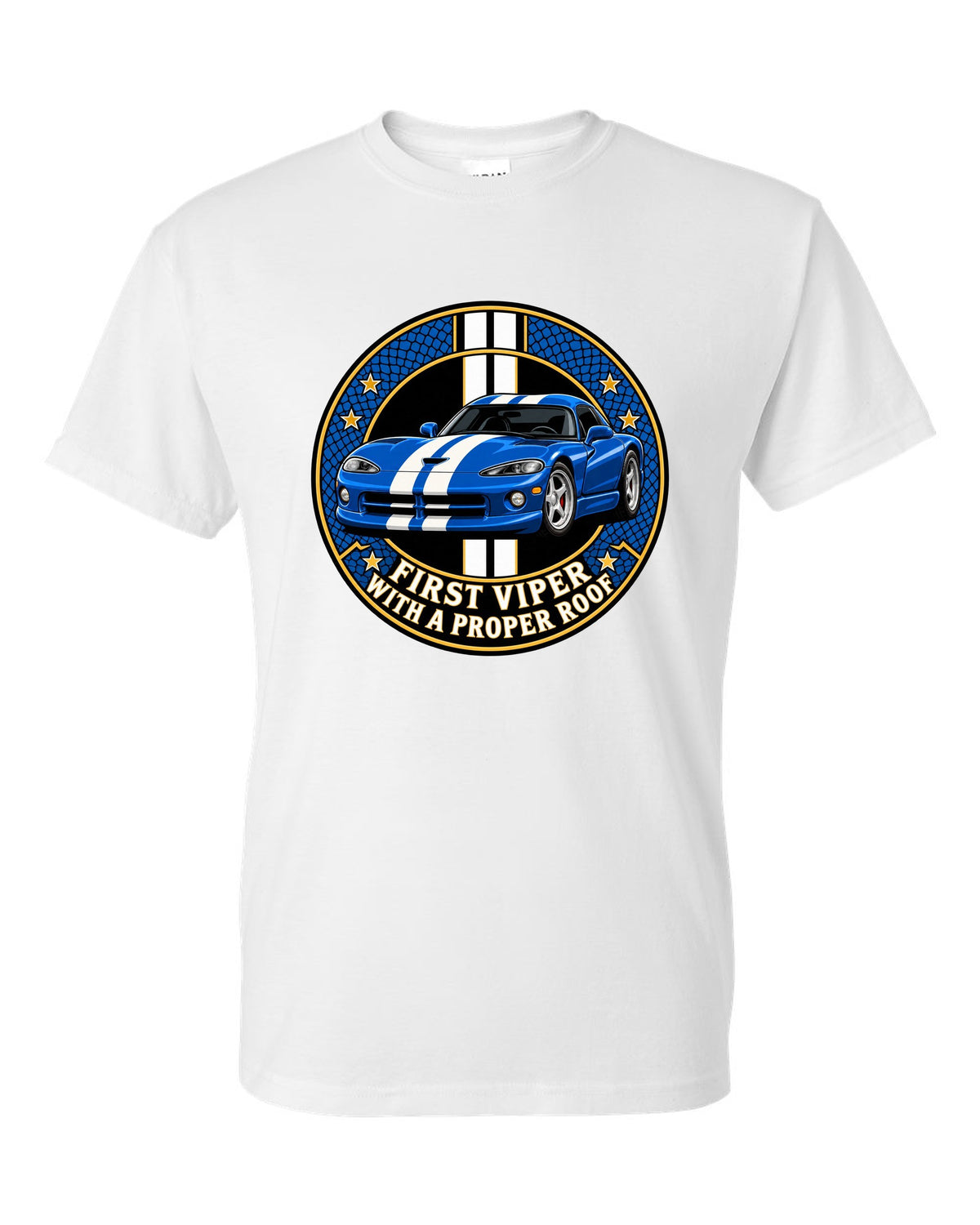 Original crest design print of a 1996 Dodge Viper GTS SR II with proper roof text white t-shirt front view with the design