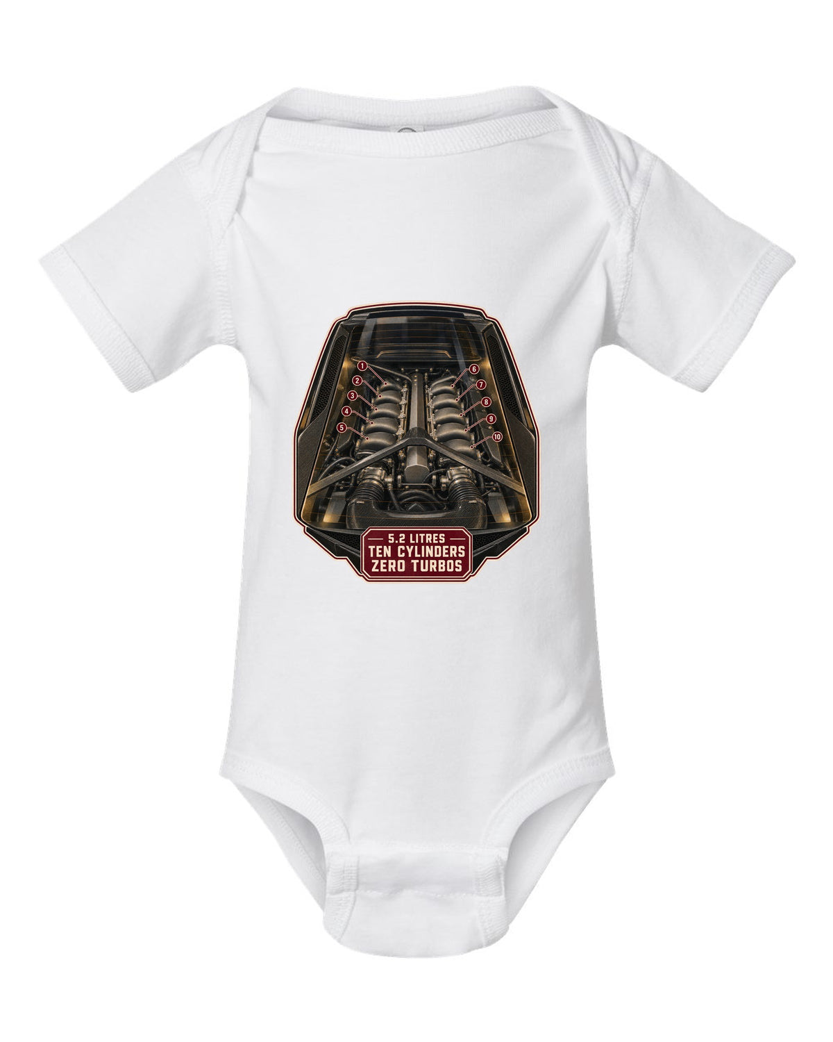 Audi R8 V10 plus Type 4S mid-engine bay hero print design white baby onesie front view with the design