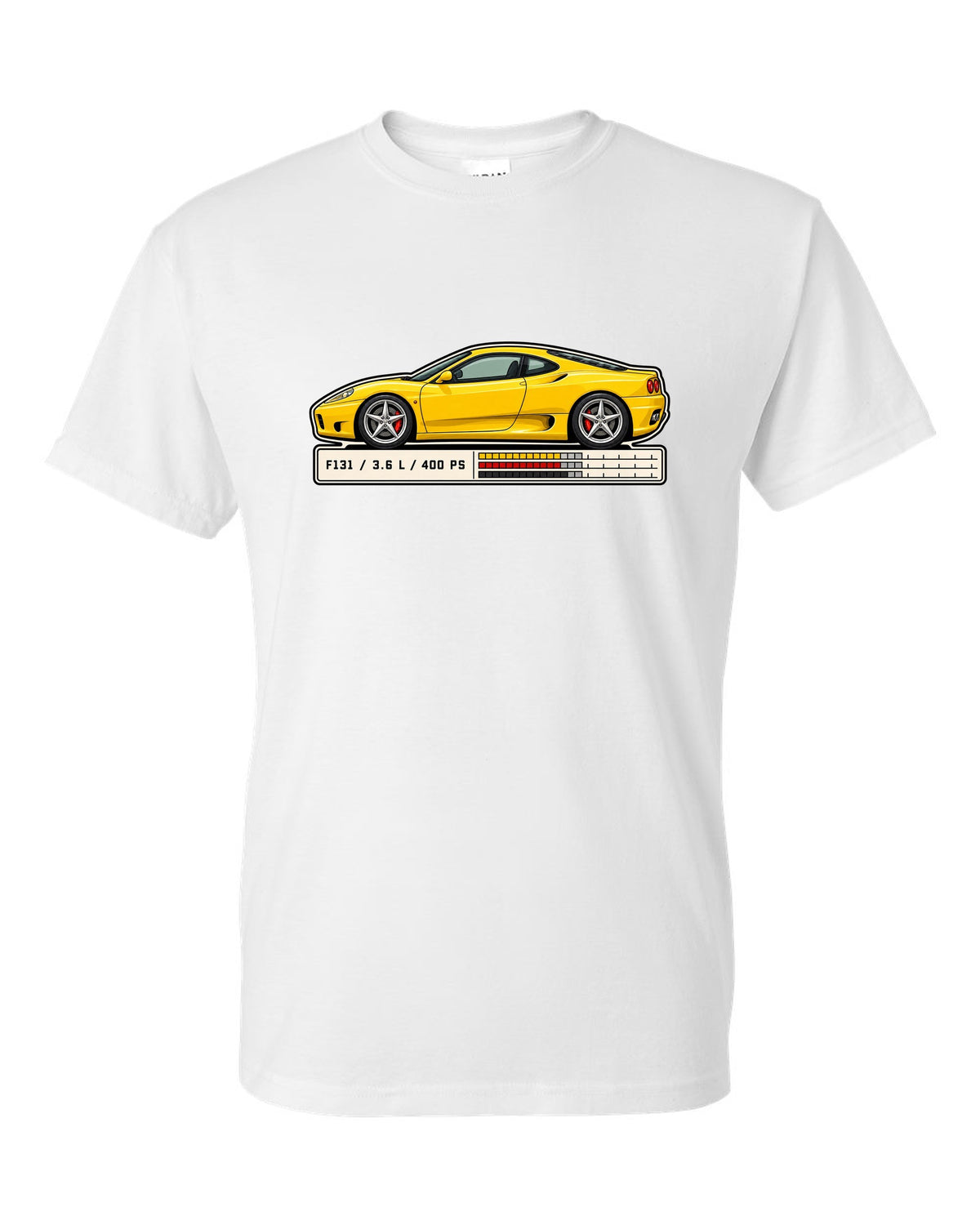 Spec sheet data plate print for the Ferrari 360 Modena listing F131, 3.6 L and 400 PS white t-shirt front view with the design