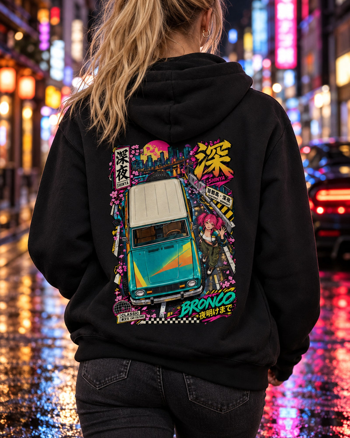 SHINYA BRONCO Anime Girl Full-Back Graphic Tee Pull Over Hoodie Black worn hero