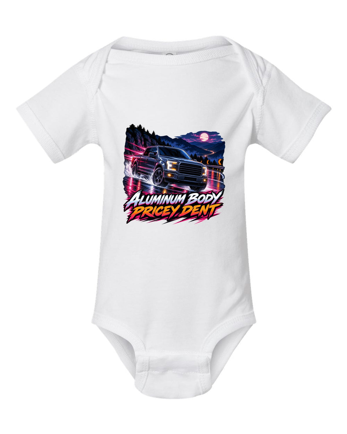 Cel-shaded anime night mountain pass print of a 2015-20 Ford F-150 P552 truck white baby onesie front view with the design