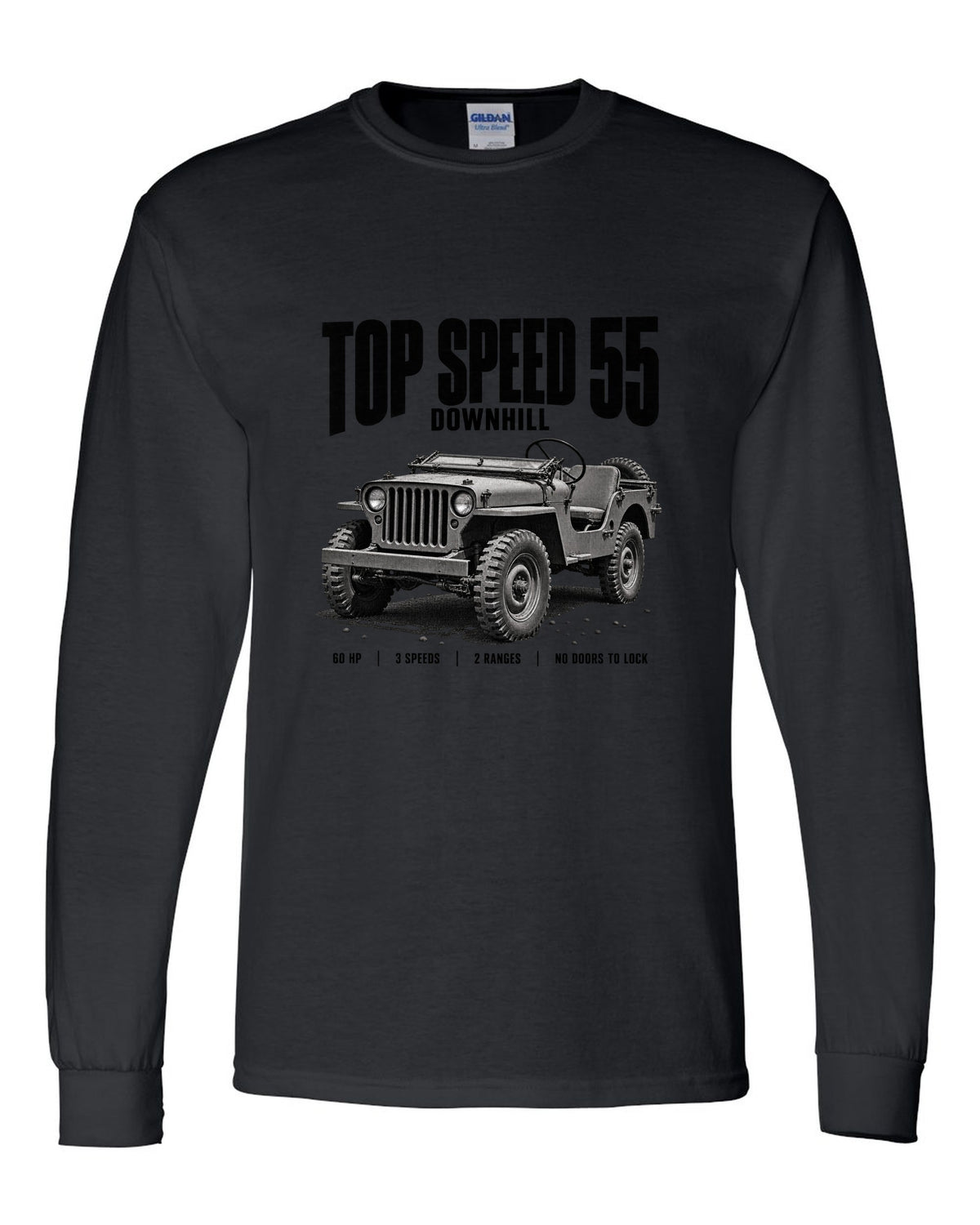 Halftone print for the Willys MB, Top Speed 55 Downhill black long sleeve front view with the design