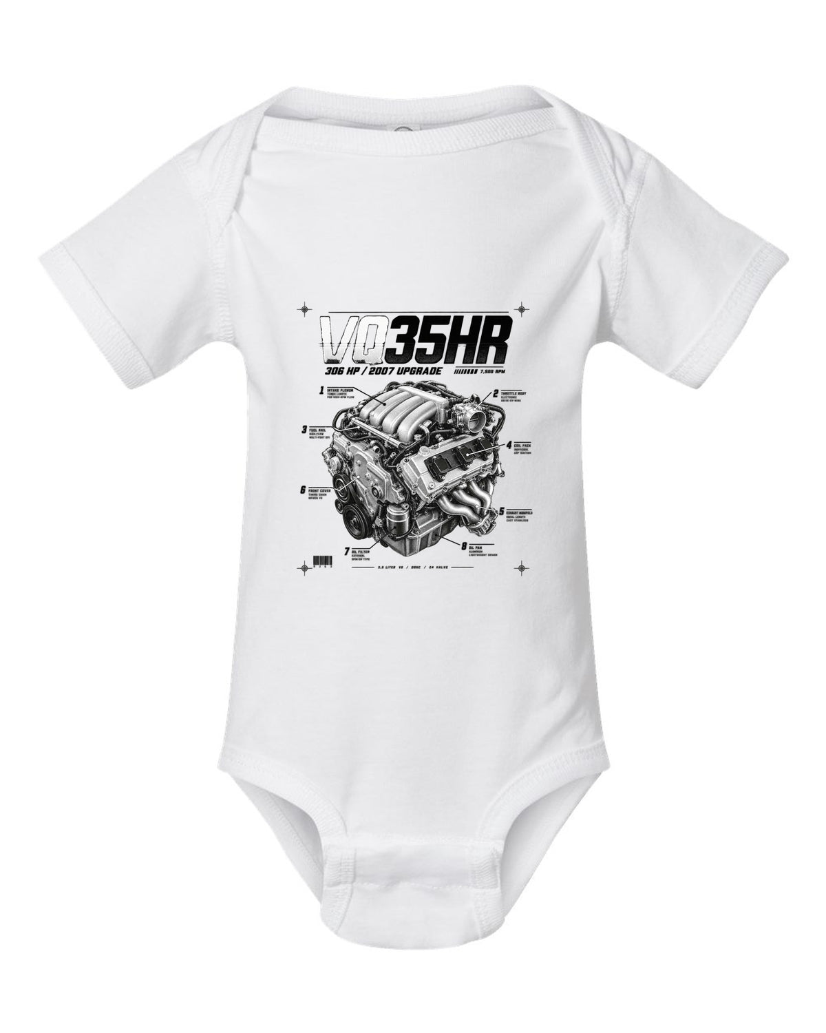 print of a Nissan 350Z Z33 VQ35HR engine plate with 306 HP and 7,500 RPM white baby onesie front view with the design