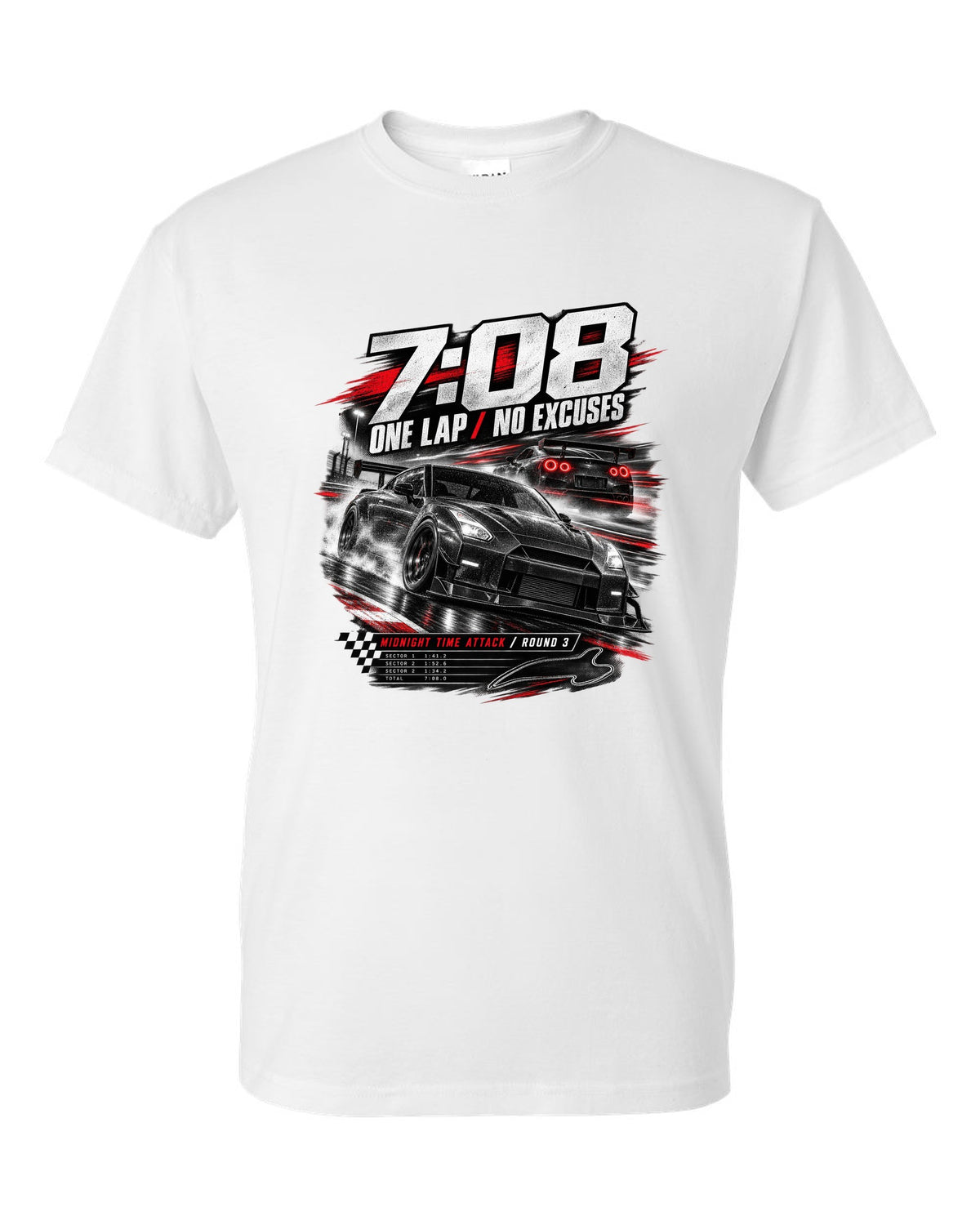 Race poster of a Nismo-style Nissan GT-R R35 with 7:08 one lap and Midnight Time Attack lettering white t-shirt front view with the design