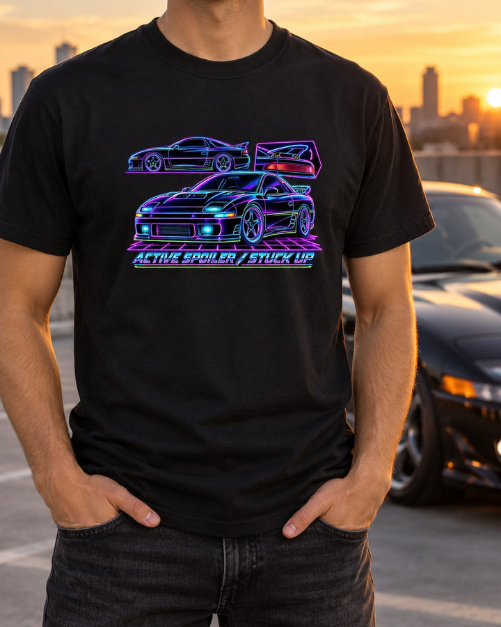 Mitsubishi 3000GT VR-4 Active Wing Wireframe Shirt, Car Guy Tee T-Shirt Black worn hero