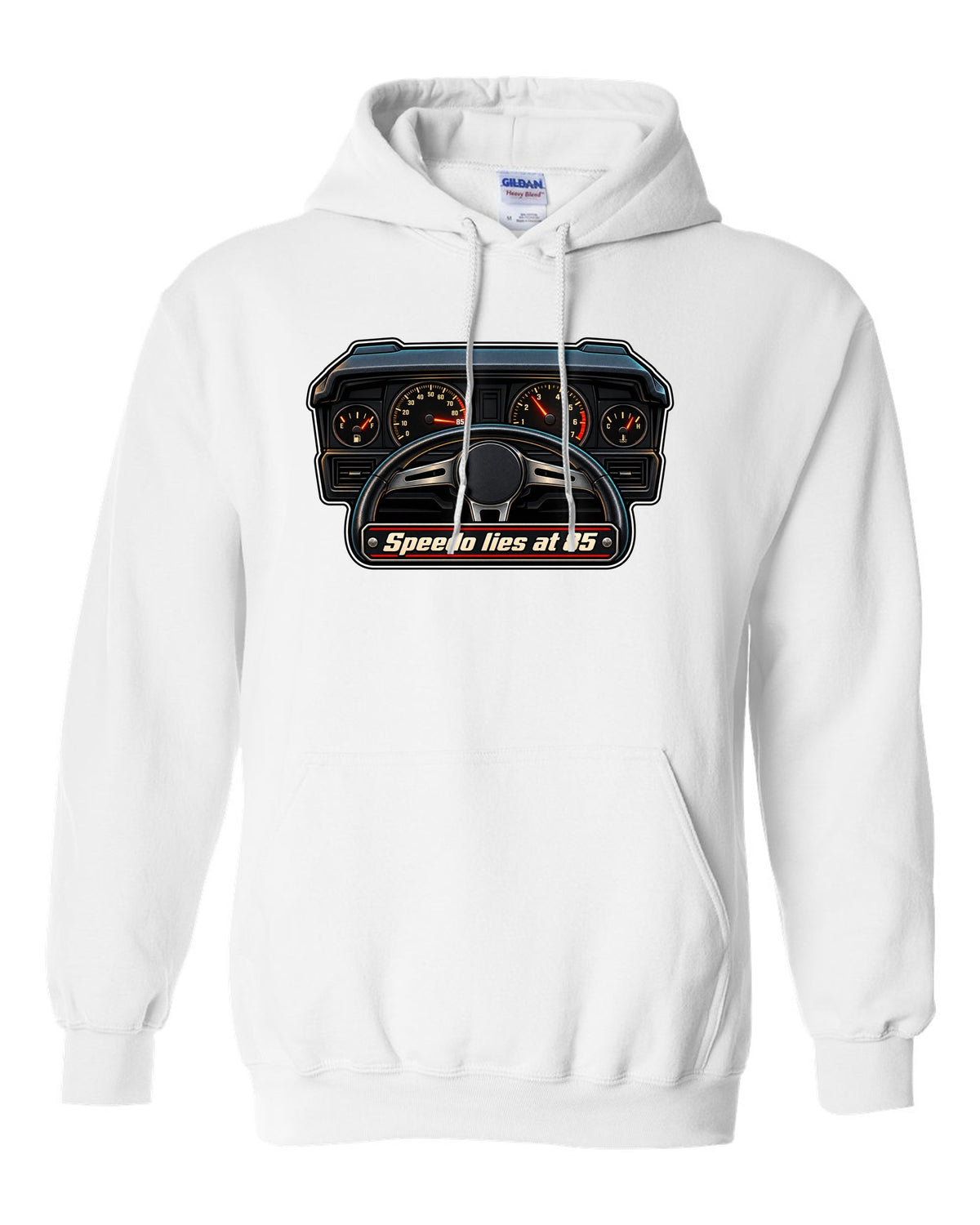 Gauge-cluster HUD print for a Ford Mustang Fox Body GT with speedo text white pull over hoodie front view with the design