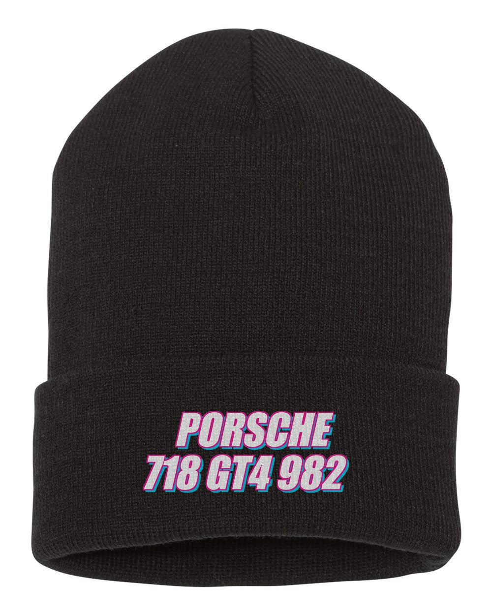 Porsche 718 Gt4 982 black beanie front view with car name