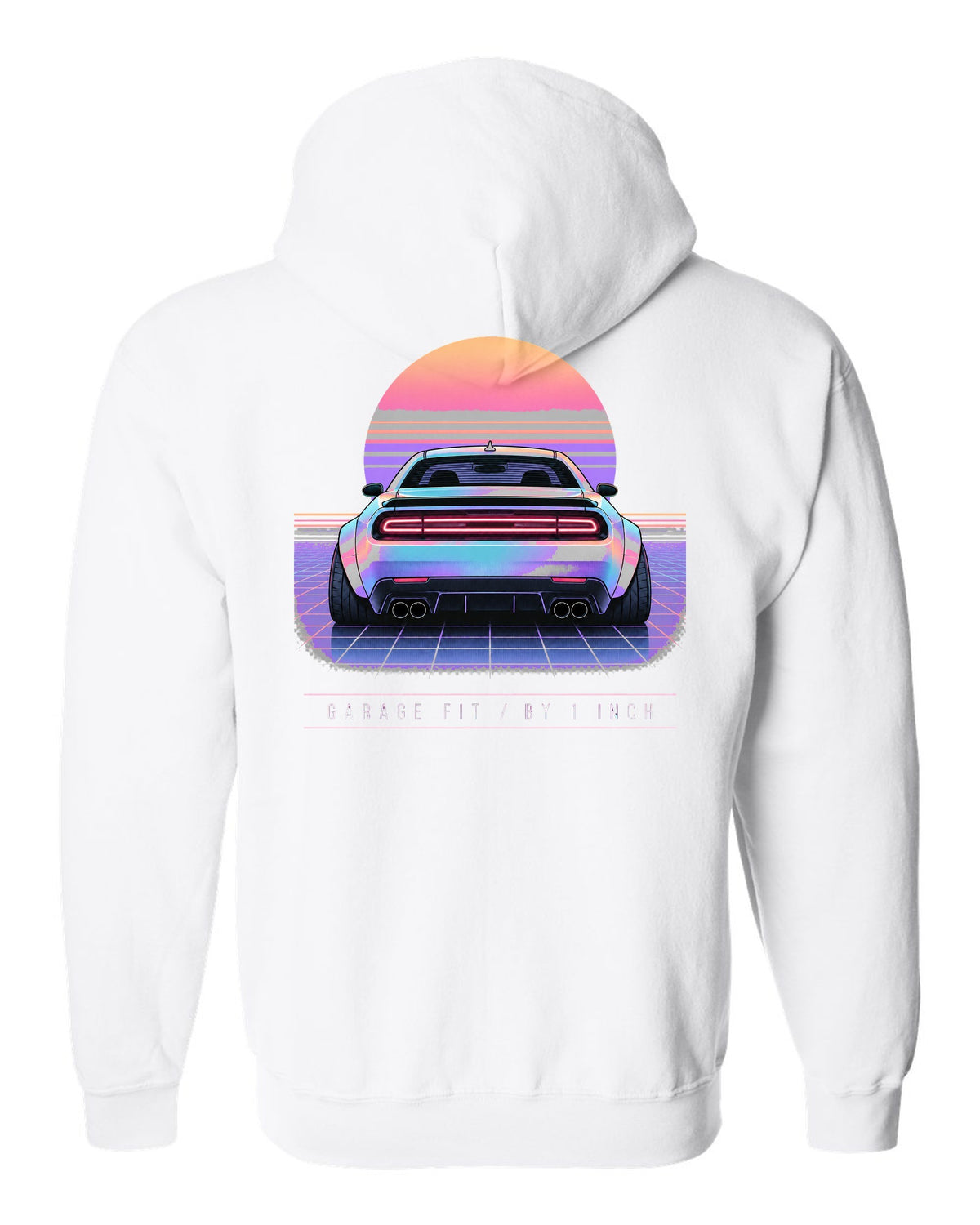 Vaporwave pastel print of a 2021 Dodge Challenger Scat Pack Widebody with garage fit text white zip hoodie back view with the design