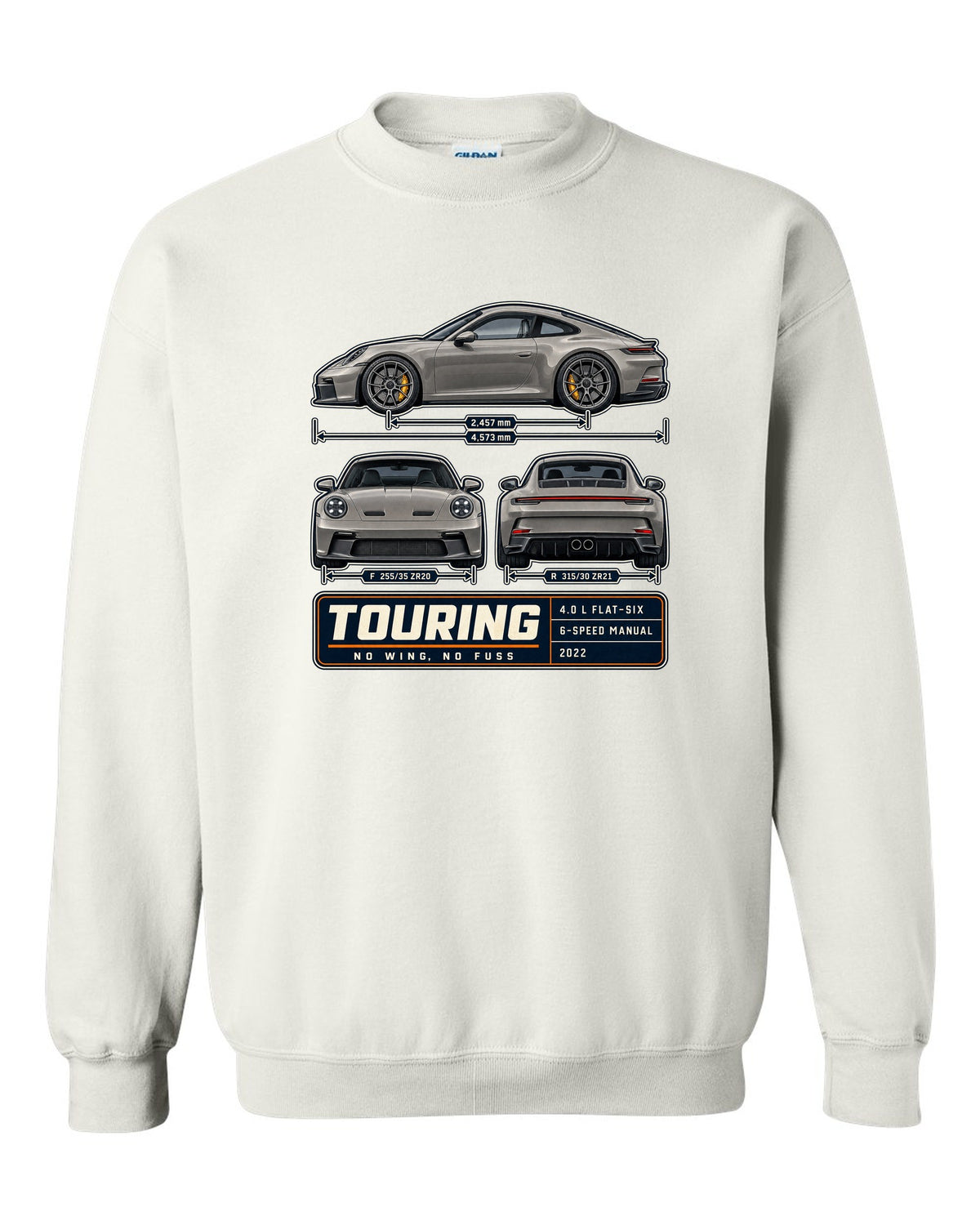 Porsche 992 GT3 Touring three-view spec table print design white crewneck front view with the design