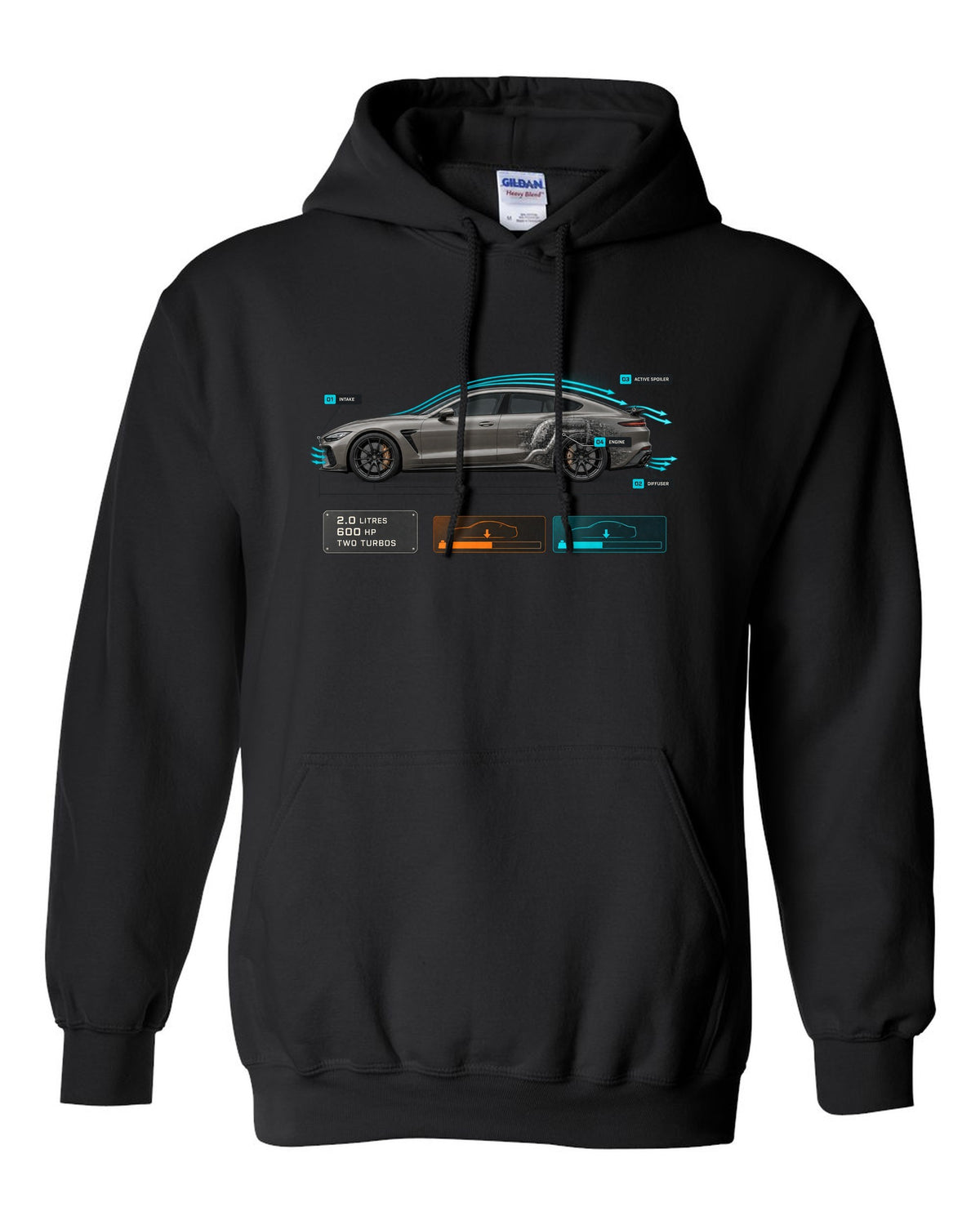 print of the Koenigsegg Gemera with aero callouts and the text 2.0 litres, 600 hp, two turbos black pull over hoodie front view with the design
