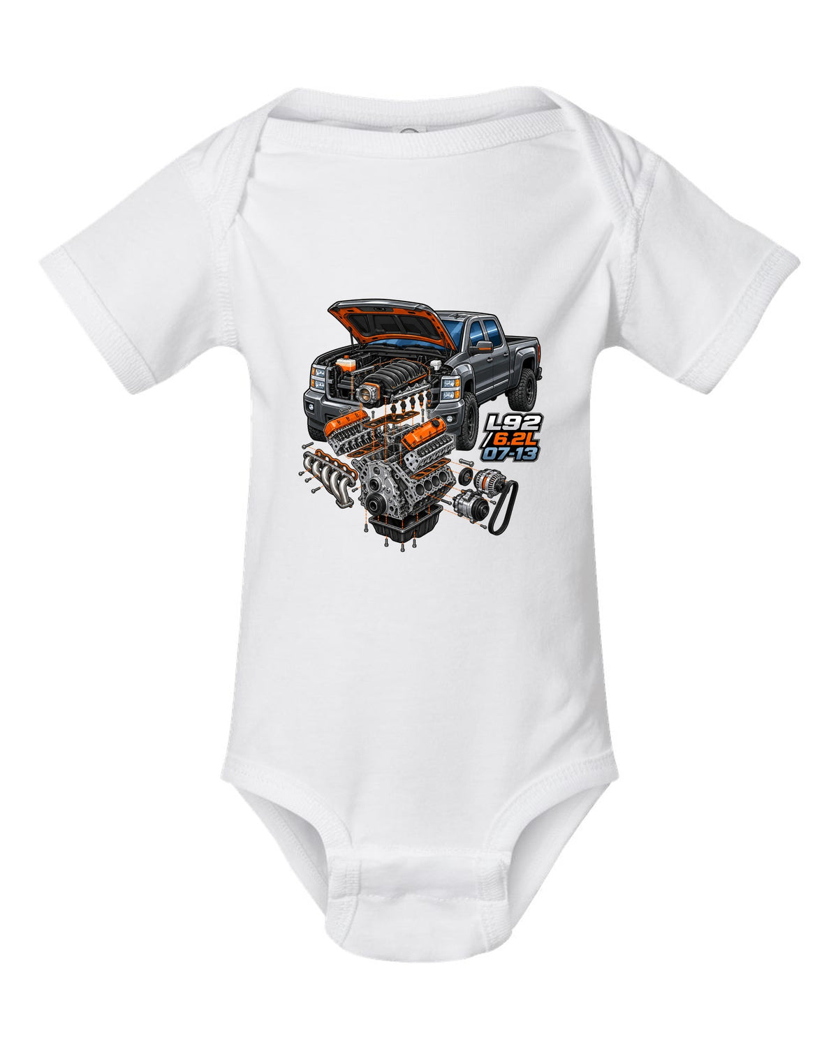 Isometric exploded engine cutaway print for a 2007-2013 Chevrolet Silverado GMT900 with L92 6.2L text white baby onesie front view with the design