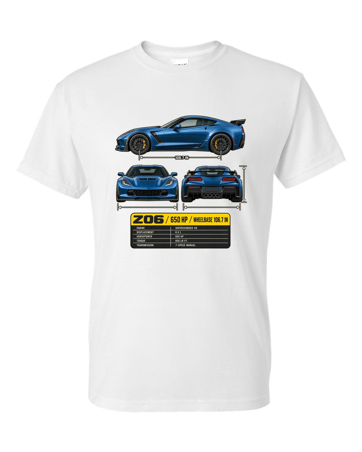 print of a Chevrolet Corvette C7 Z06 three-view drawing with a spec table white t-shirt front view with the design