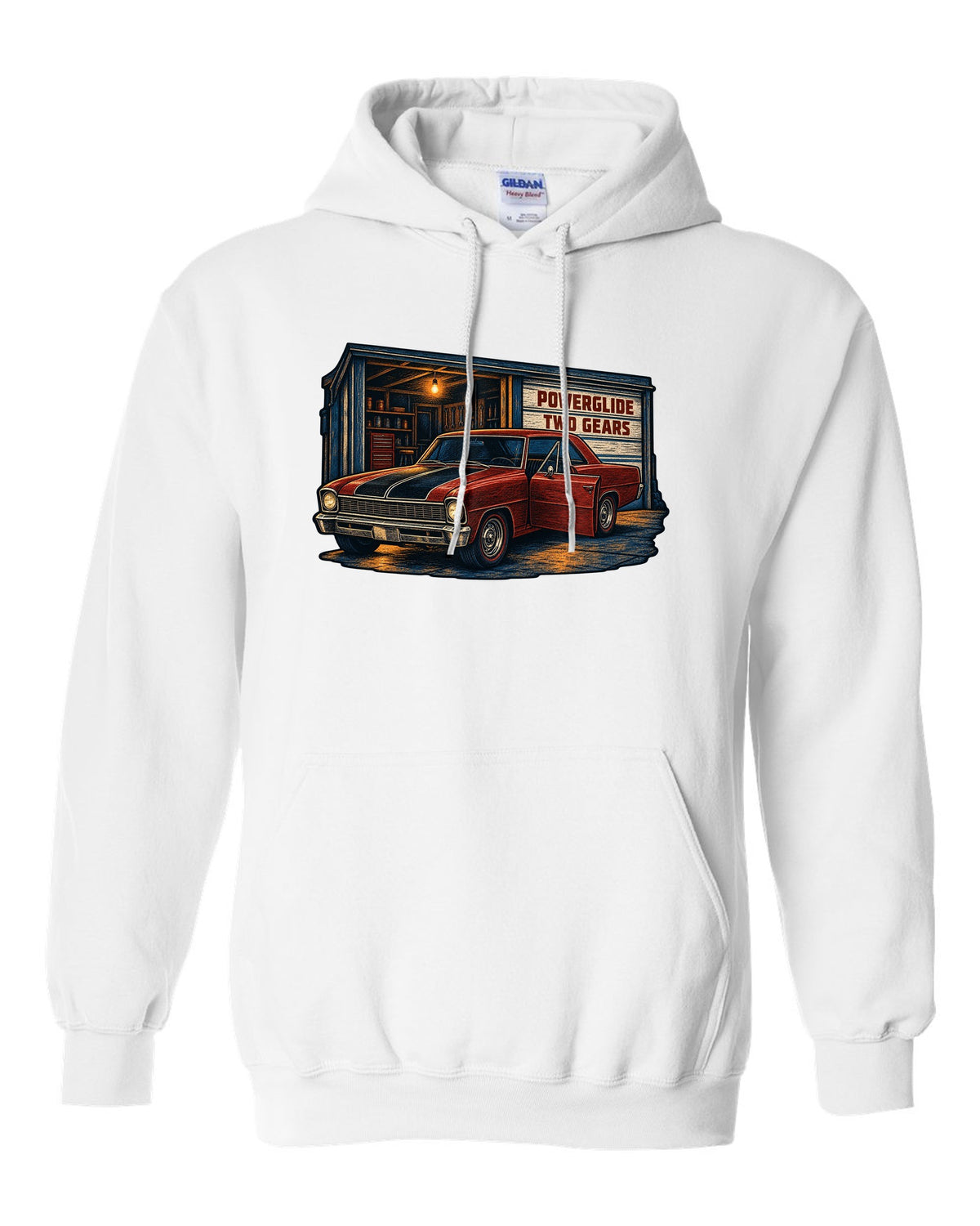 Linocut print of a 1967 Chevrolet Nova Chevy II parked in a garage with Powerglide lettering white pull over hoodie front view with the design