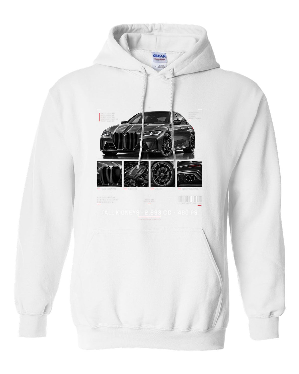 BMW G80 M3 dossier panel print with tall kidneys 2,993 cc and 480 PS white pull over hoodie front view with the design