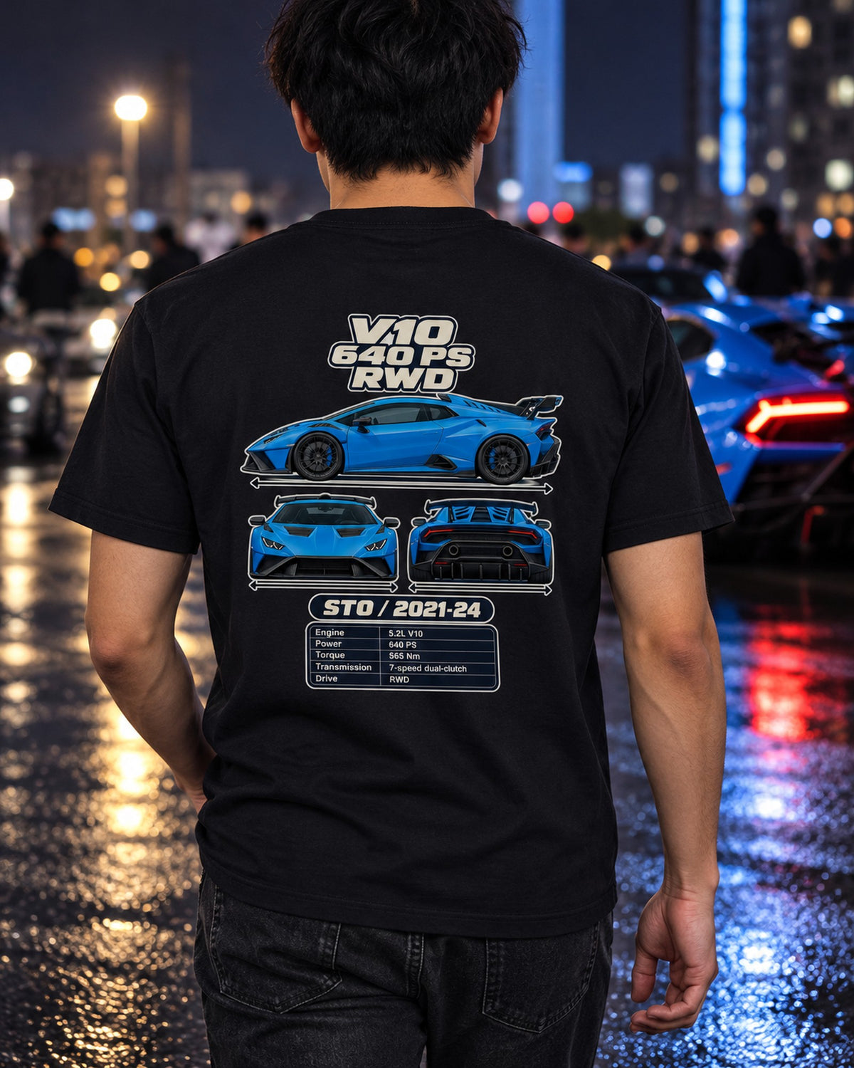 Lamborghini Huracan Sto Spec Sheet Full-Back Graphic Tee T-Shirt Black worn hero