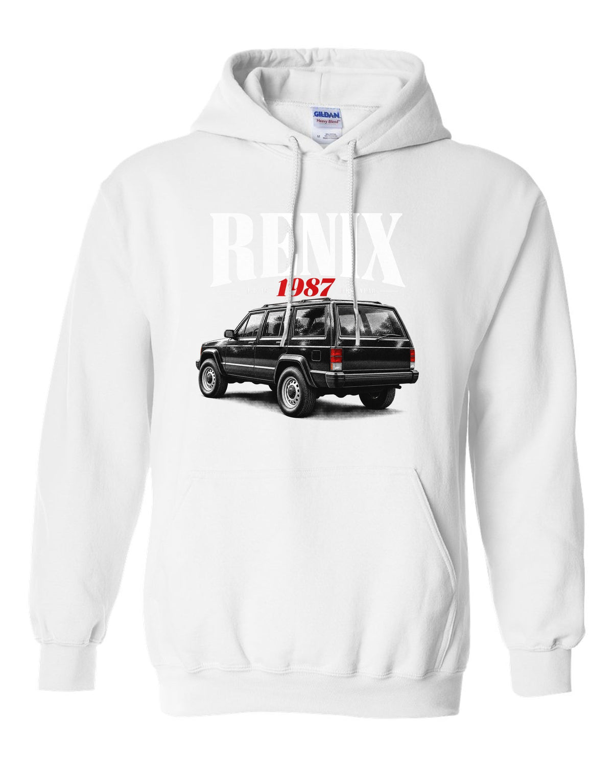 Jeep Cherokee XJ editorial headline print about the 1987 Renix 4.0 I6 white pull over hoodie front view with the design