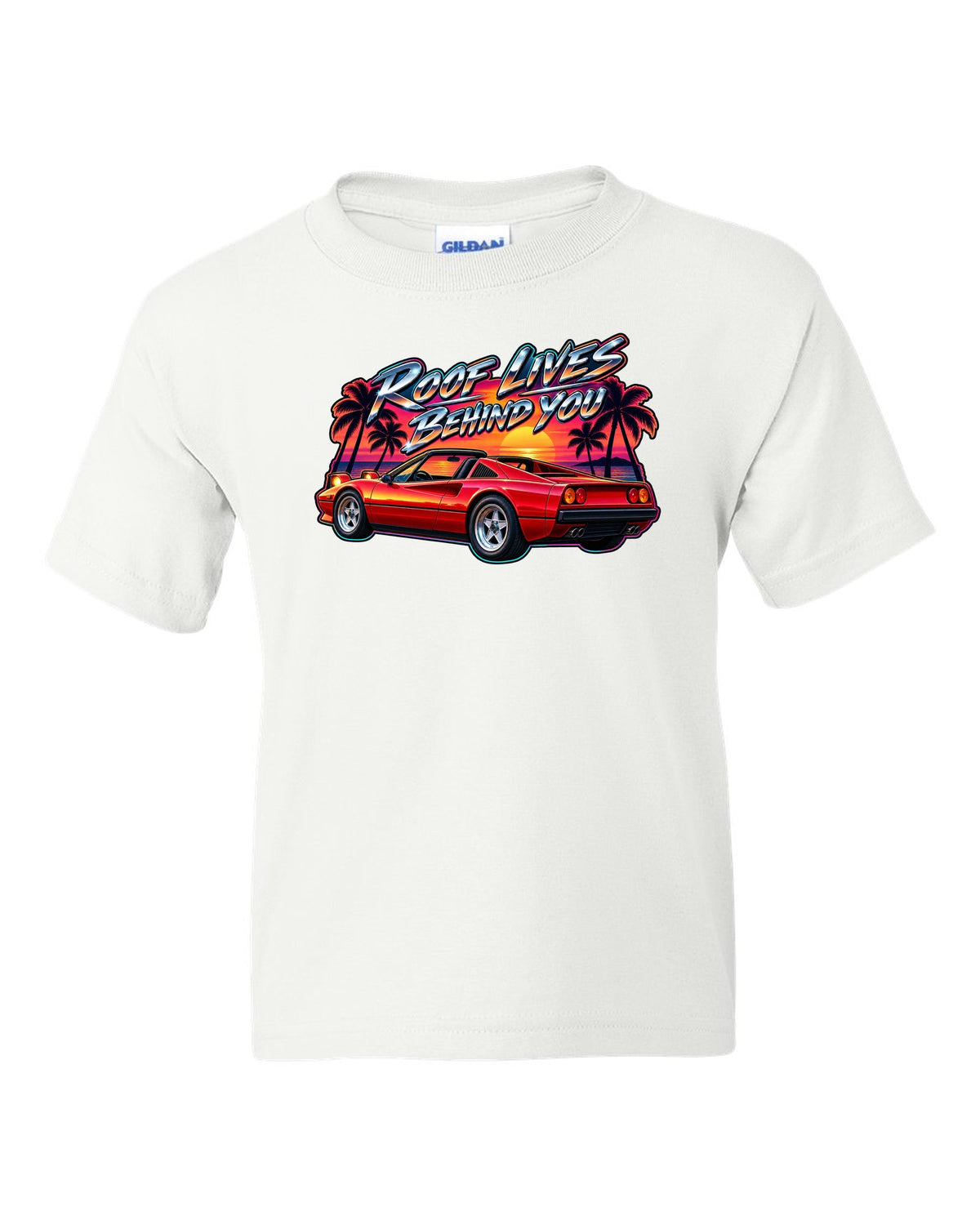 1980s airbrush style print of a Ferrari 308 GTS targa at sunset with palm trees white kids tee front view with the design