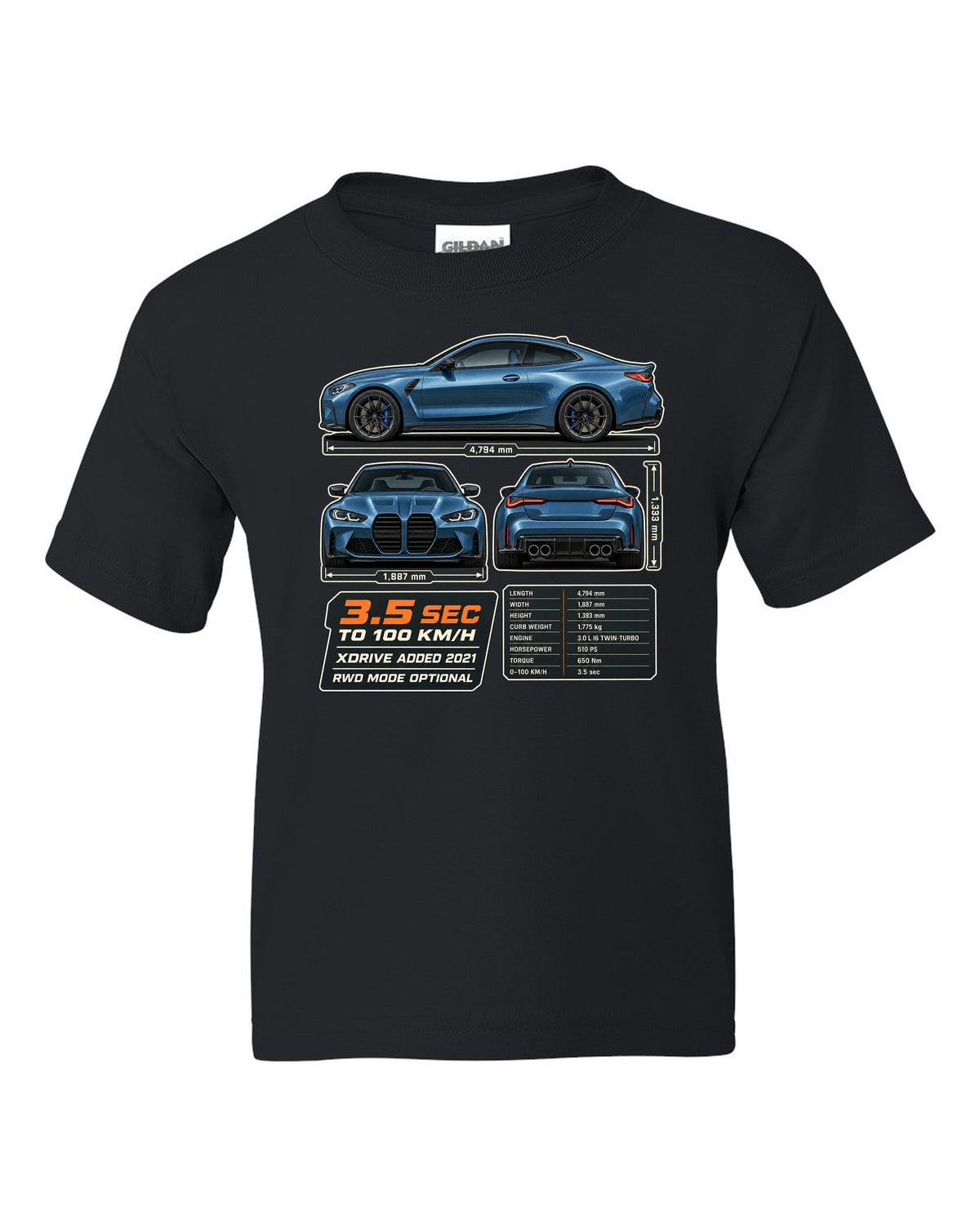 BMW M4 Competition xDrive G82 three-view drawing with spec table print black kids tee front view with the design