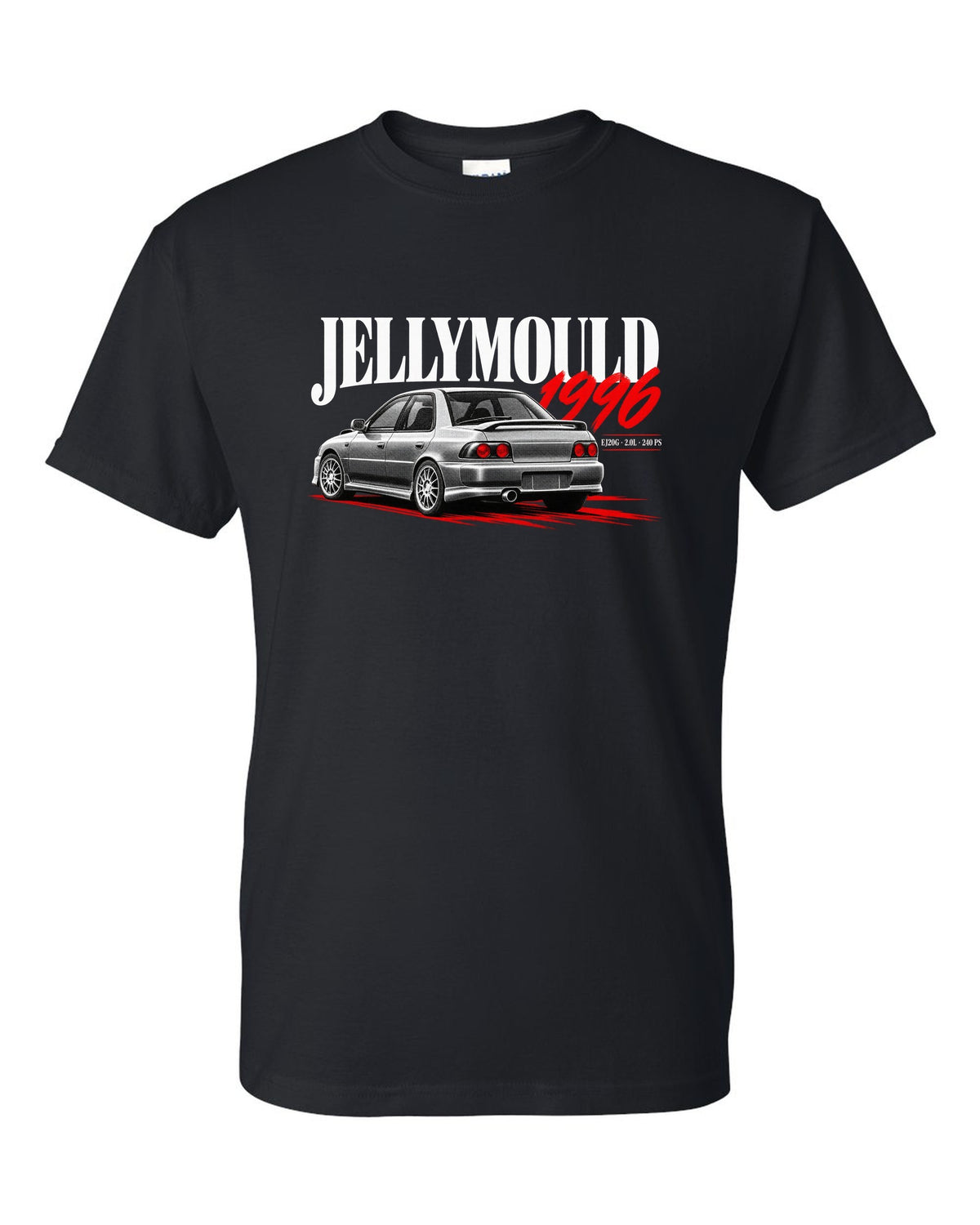 Subaru Impreza WRX GC8 saloon 1996 with Jellymould headline and EJ20G 240 PS text black t-shirt front view with the design