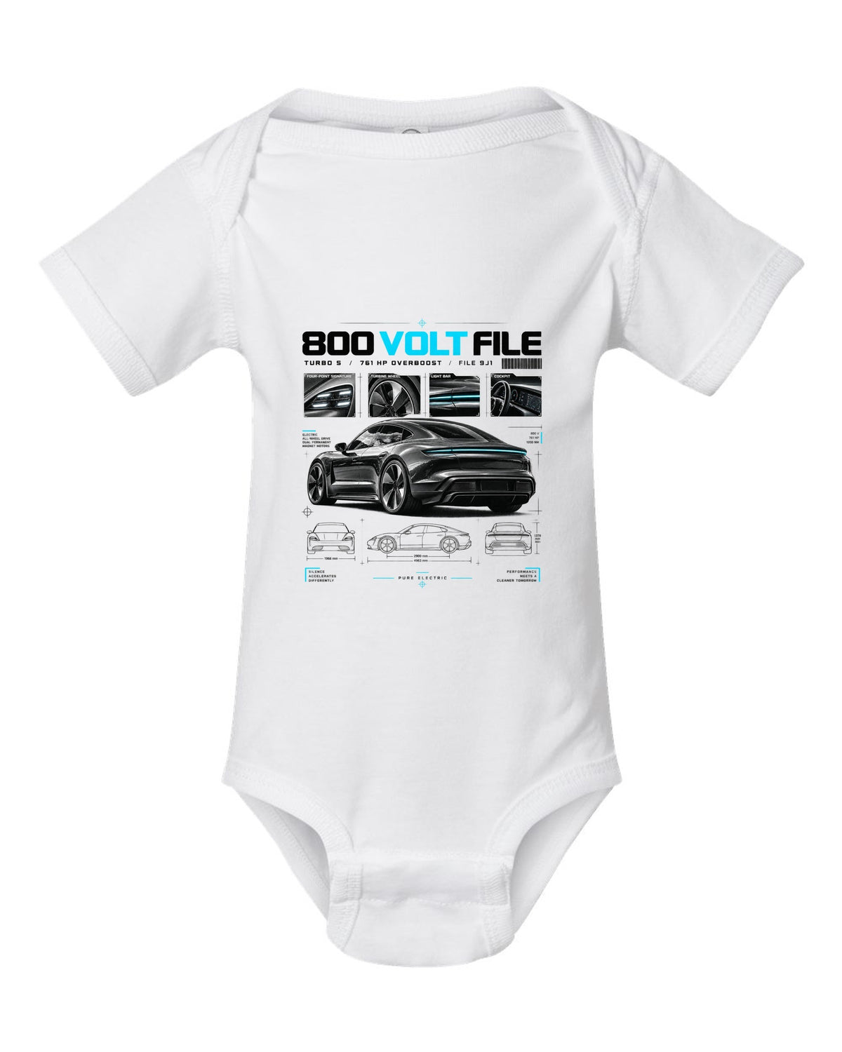 Dossier panel print of a 2020 Porsche Taycan Turbo S 9J1 with turbine wheel and light bar white baby onesie front view with the design