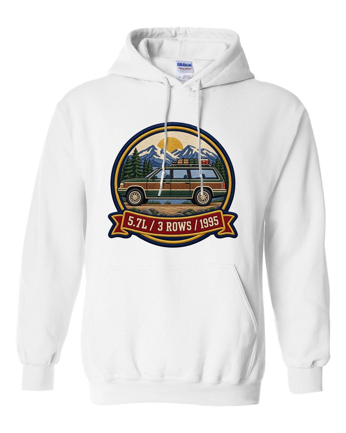 Varsity round crest print for a 1992-1999 Chevrolet Suburban GMT400 with 5.7L, 3 Rows, 1995 text white pull over hoodie front view with the design