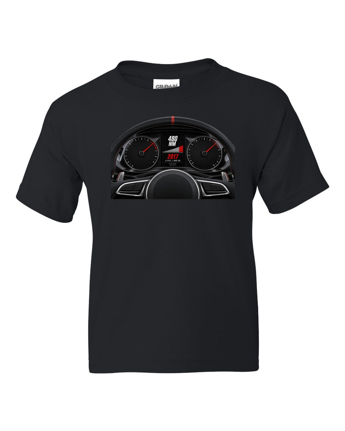 Audi RS3 8V instrument cluster gauge design with 5 cyl 400 PS text black kids tee front view with the design