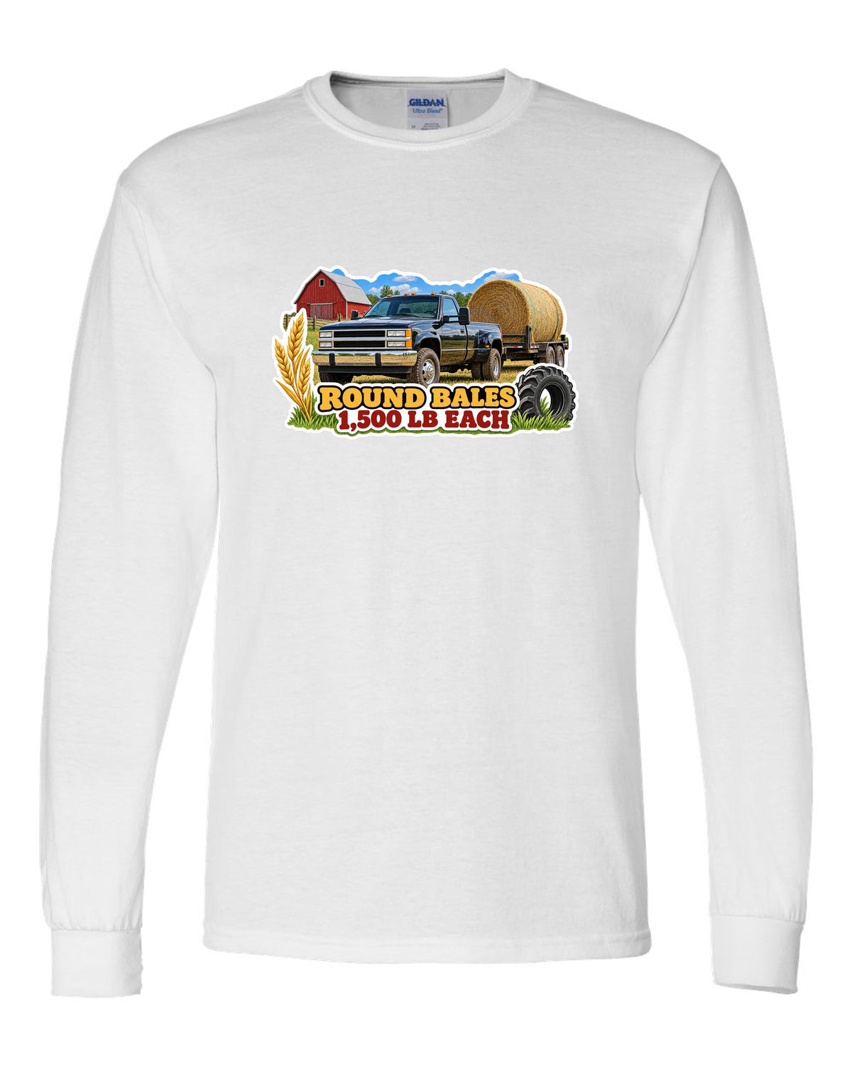 Sticker collage print of a 2010-2018 Ram 2500 6.7 hauling round bales with 1,500 lb each text white long sleeve front view with the design