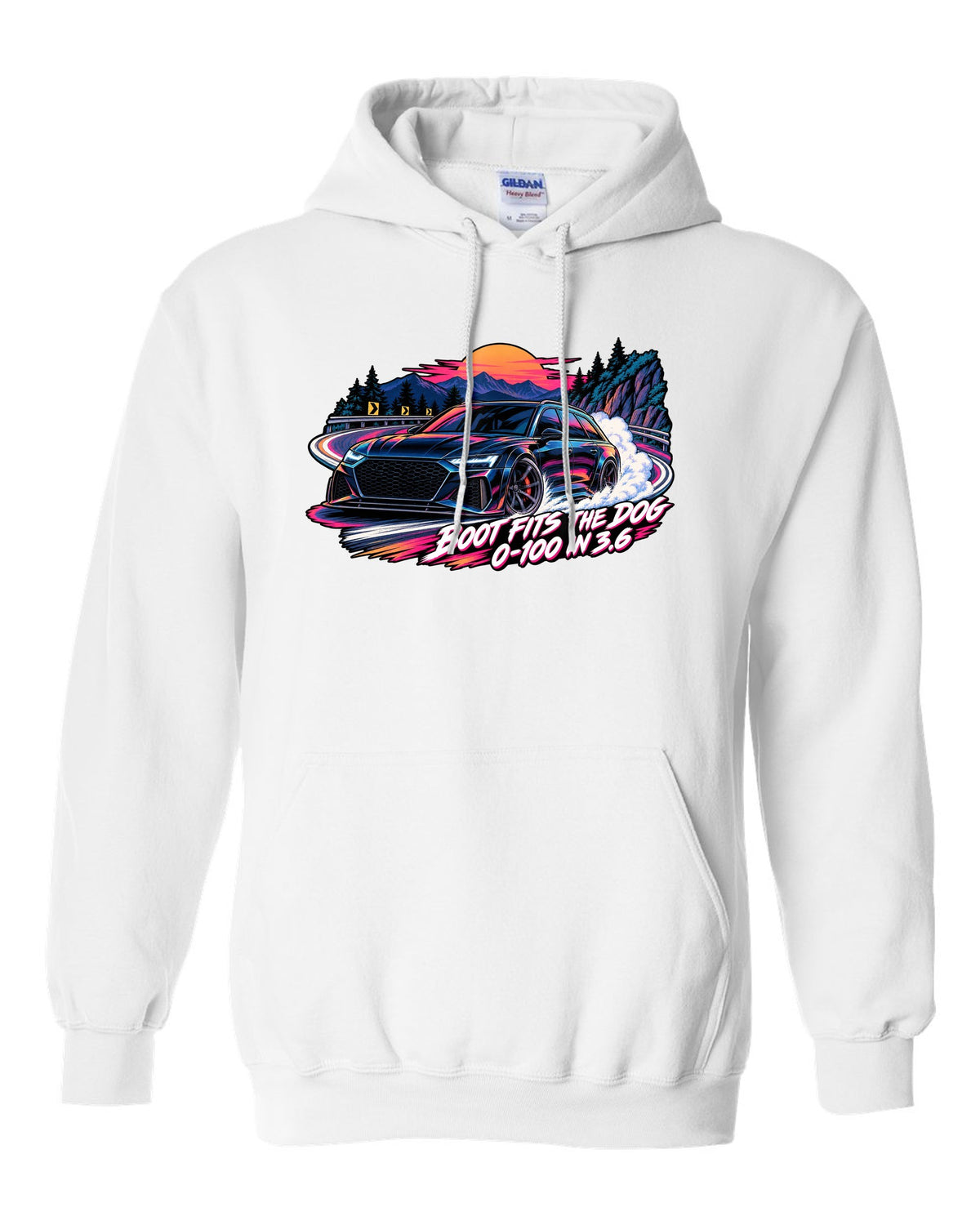 Cel-shaded anime night touge design of the Audi RS6 Avant C8 with boot fits the dog lettering white pull over hoodie front view with the design