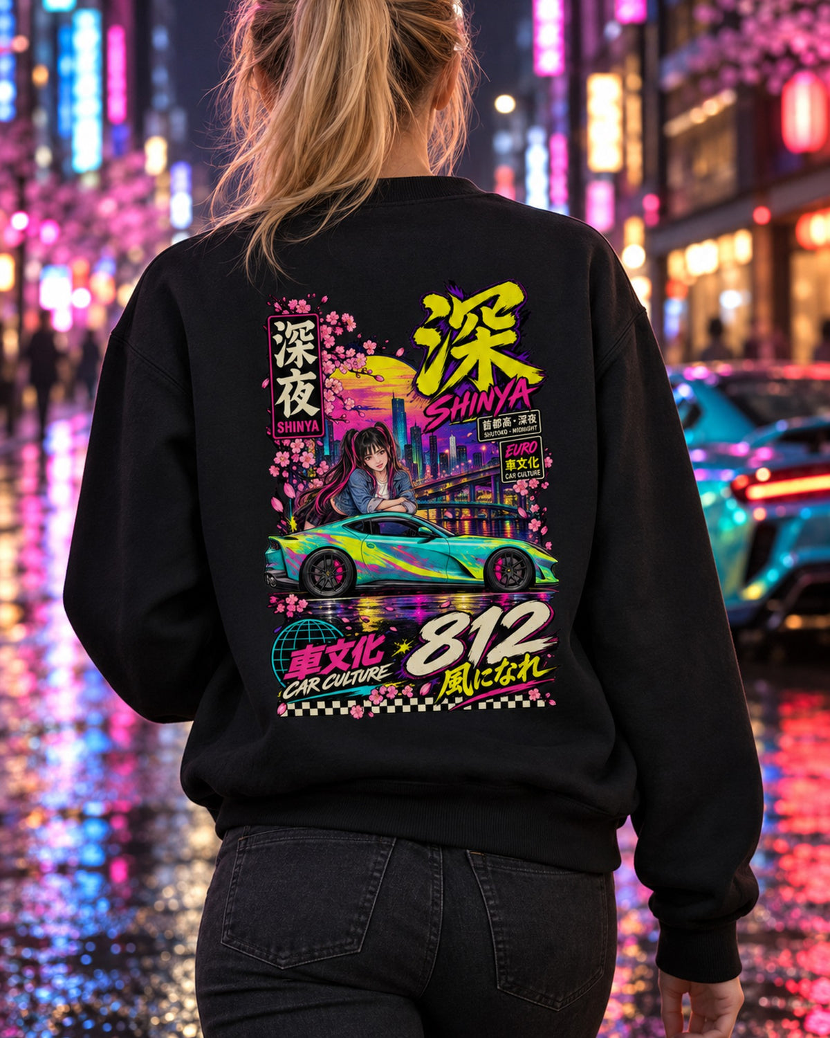 SHINYA 812 Anime Girl Full-Back Graphic Tee Crewneck Black worn hero