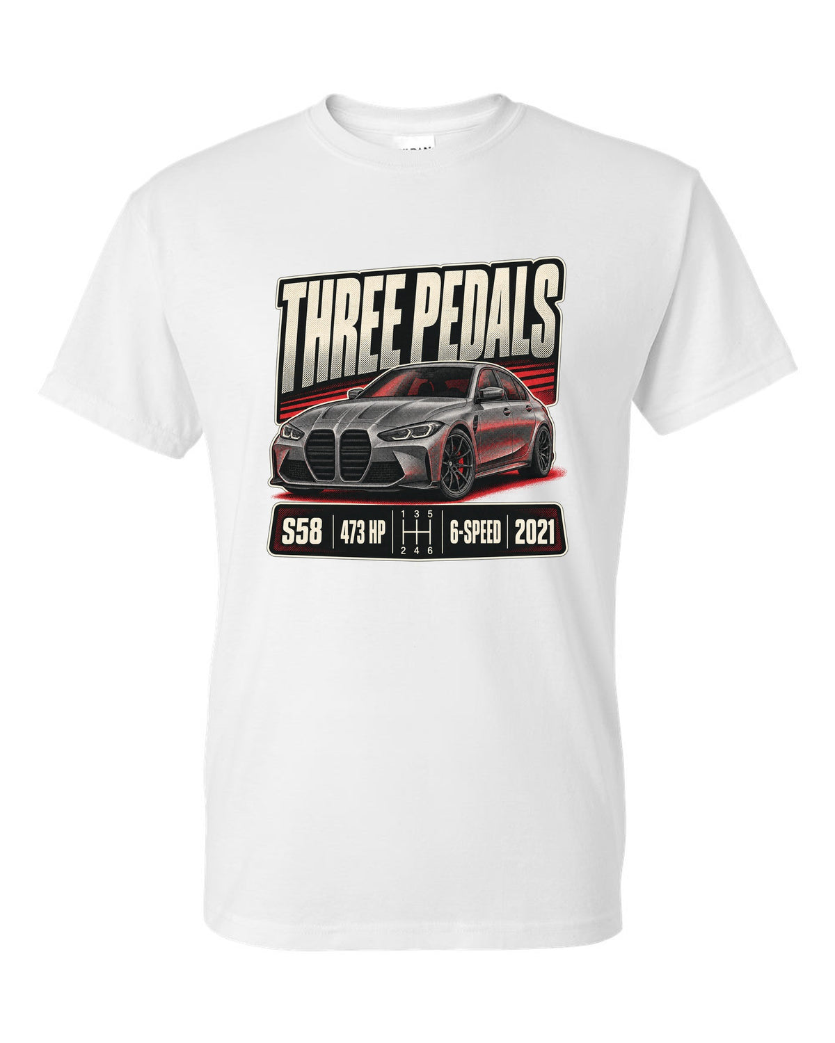 BMW M3 G80 six-speed manual halftone print with three pedals text white t-shirt front view with the design