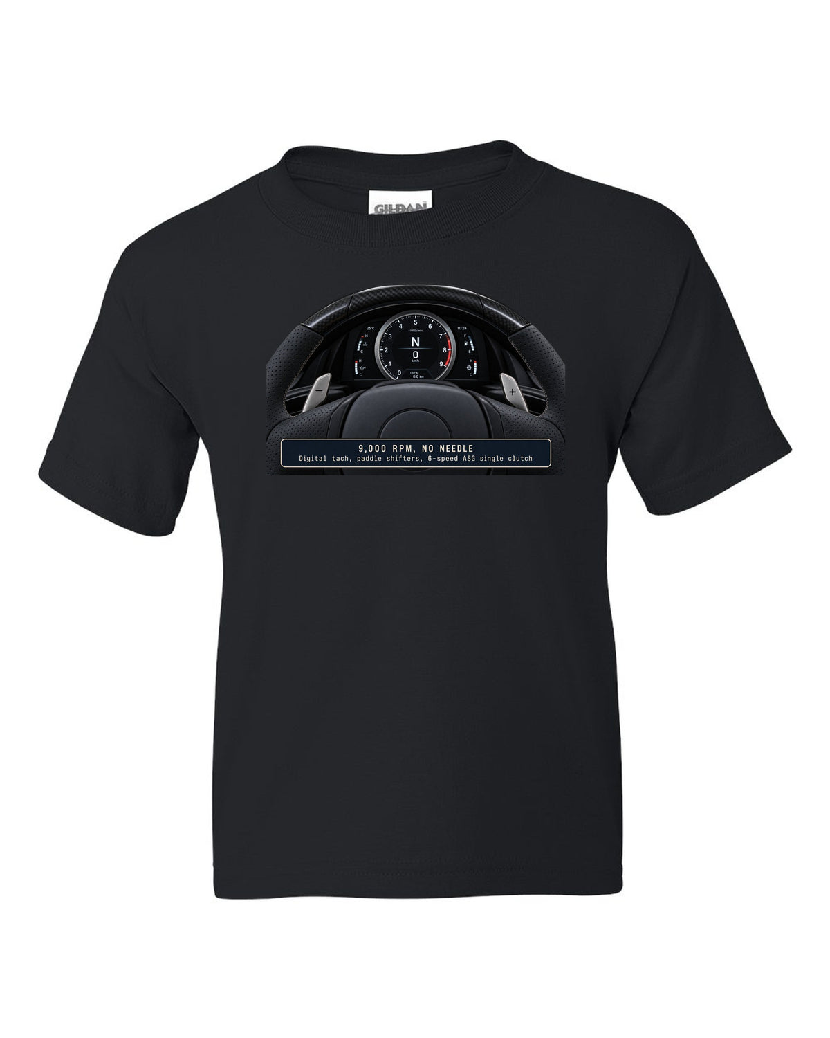 Engine hero print of the Lexus LFA 1LR-GUE 4.8 L V10 black kids tee front view with the design