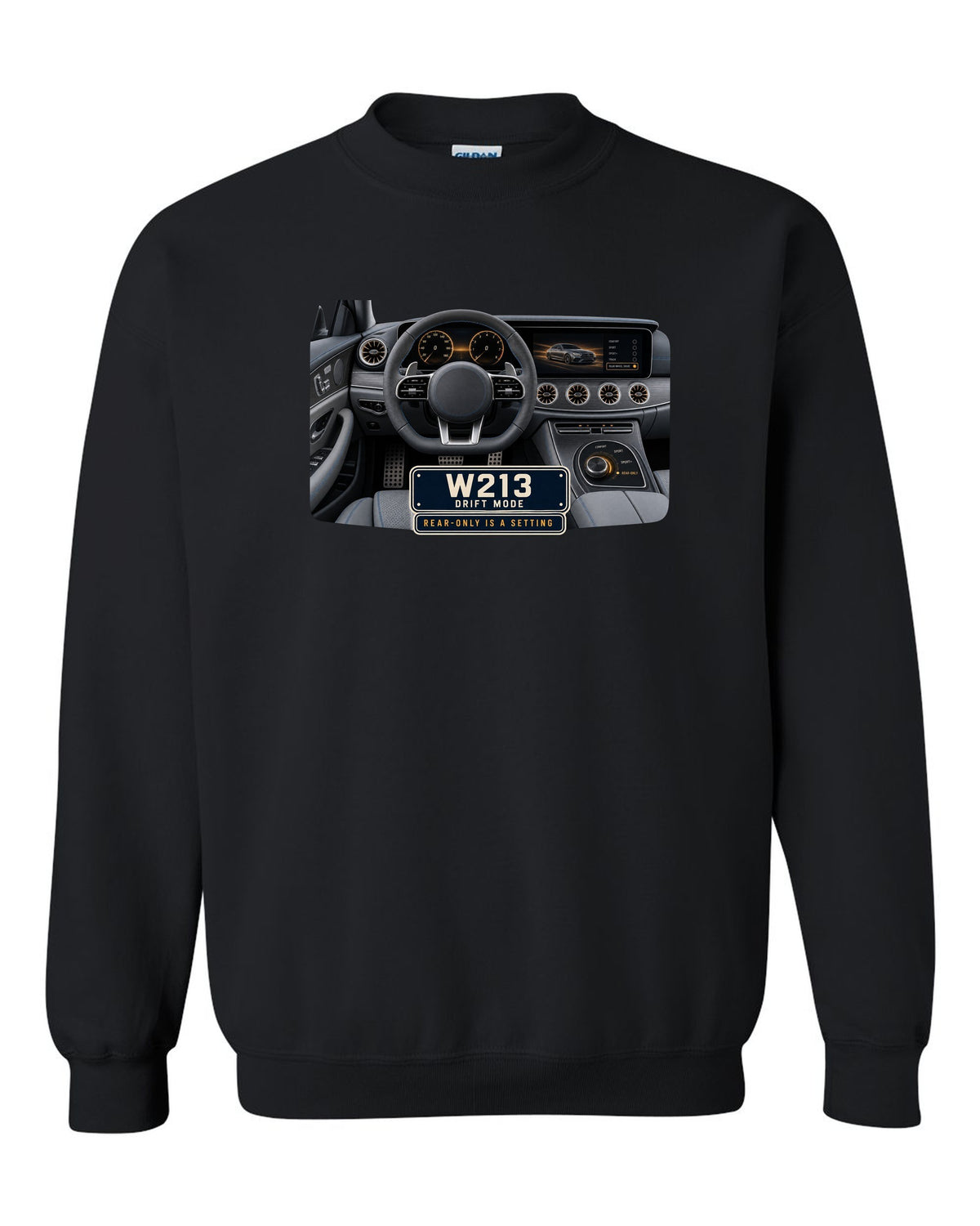 Cockpit and gauge print of a Mercedes-AMG E63 S W213 interior with drift mode black crewneck front view with the design