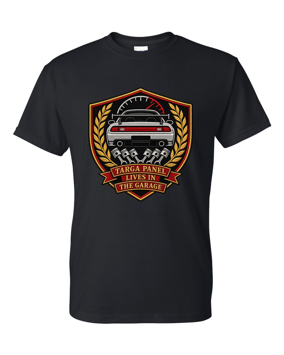 Embroidery-style shield crest print for the Toyota Supra A80 with targa panel lives in the garage lettering black t-shirt front view with the design