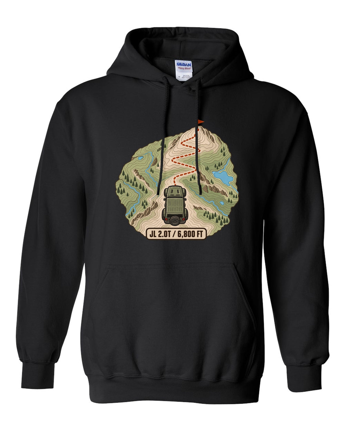 Jeep Wrangler JL 2.0T topographic contour map design with route line and 6,800 ft text black pull over hoodie front view with the design