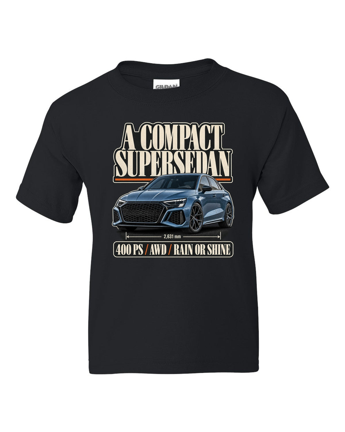 Editorial headline layout for the Audi RS3 8Y sedan, steel blue black kids tee front view with the design