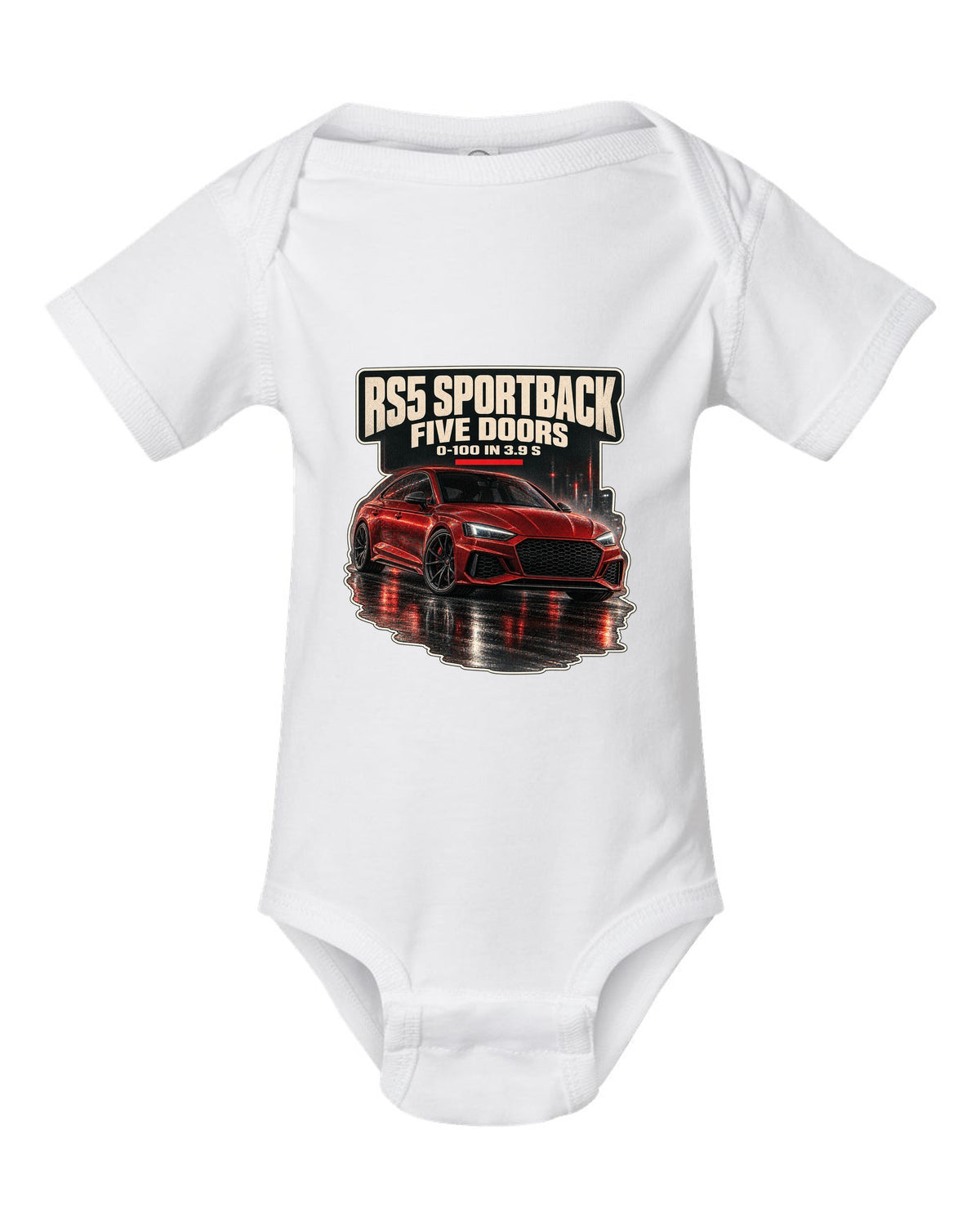 Night street scene of an Audi RS5 Sportback B9 facelift white baby onesie front view with the design