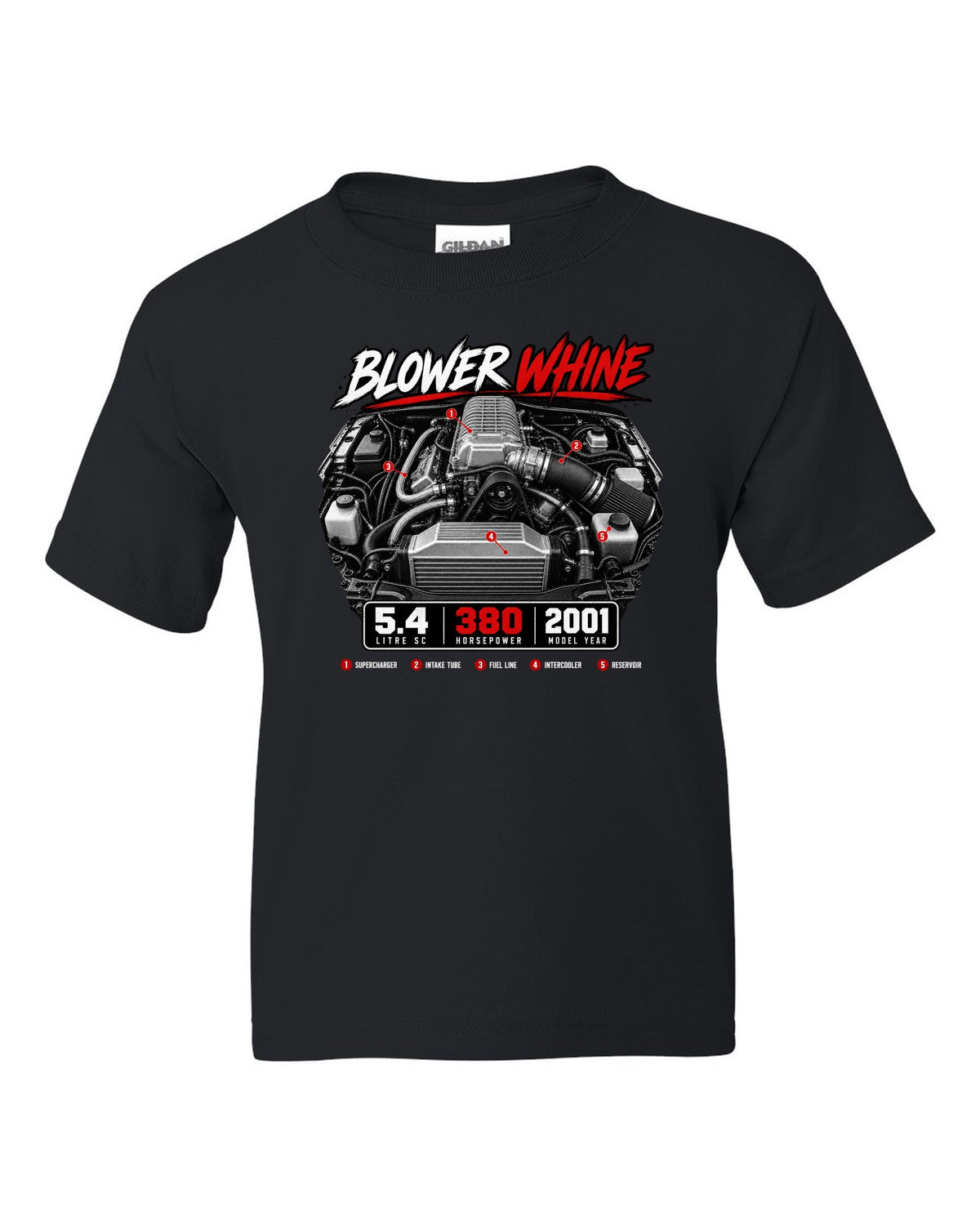Ford F-150 SVT Lightning 1999-2004 engine hero print with blower whine and 5.4 SC black kids tee front view with the design