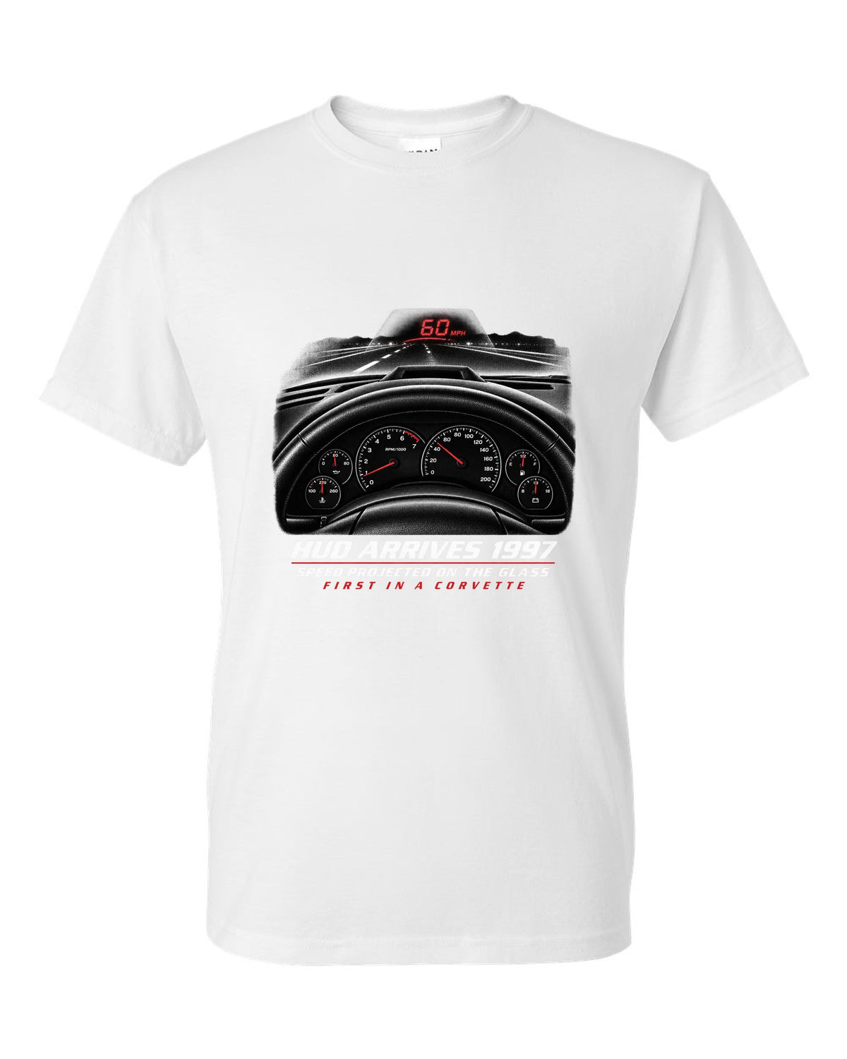 Corvette C5 heads-up display and gauge cluster print white t-shirt front view with the design