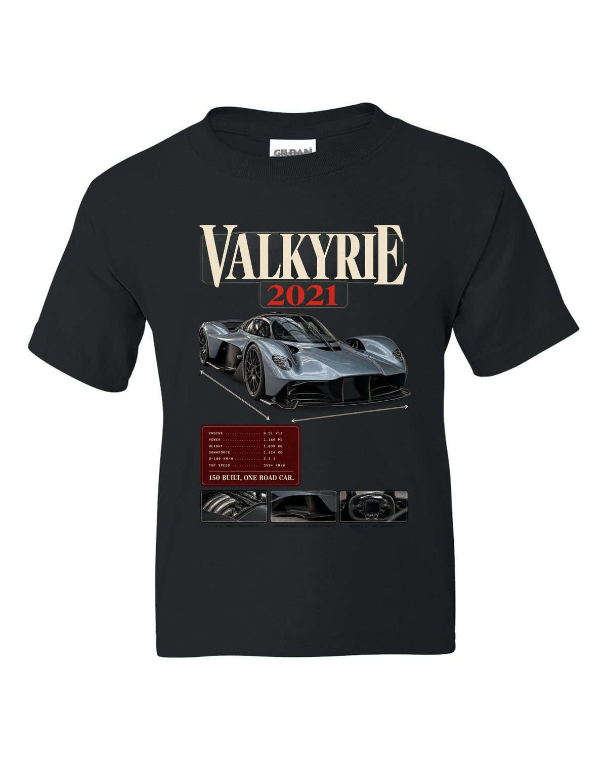 Aston Martin Valkyrie 2021 archive panel print with 150 built one road car text black kids tee front view with the design