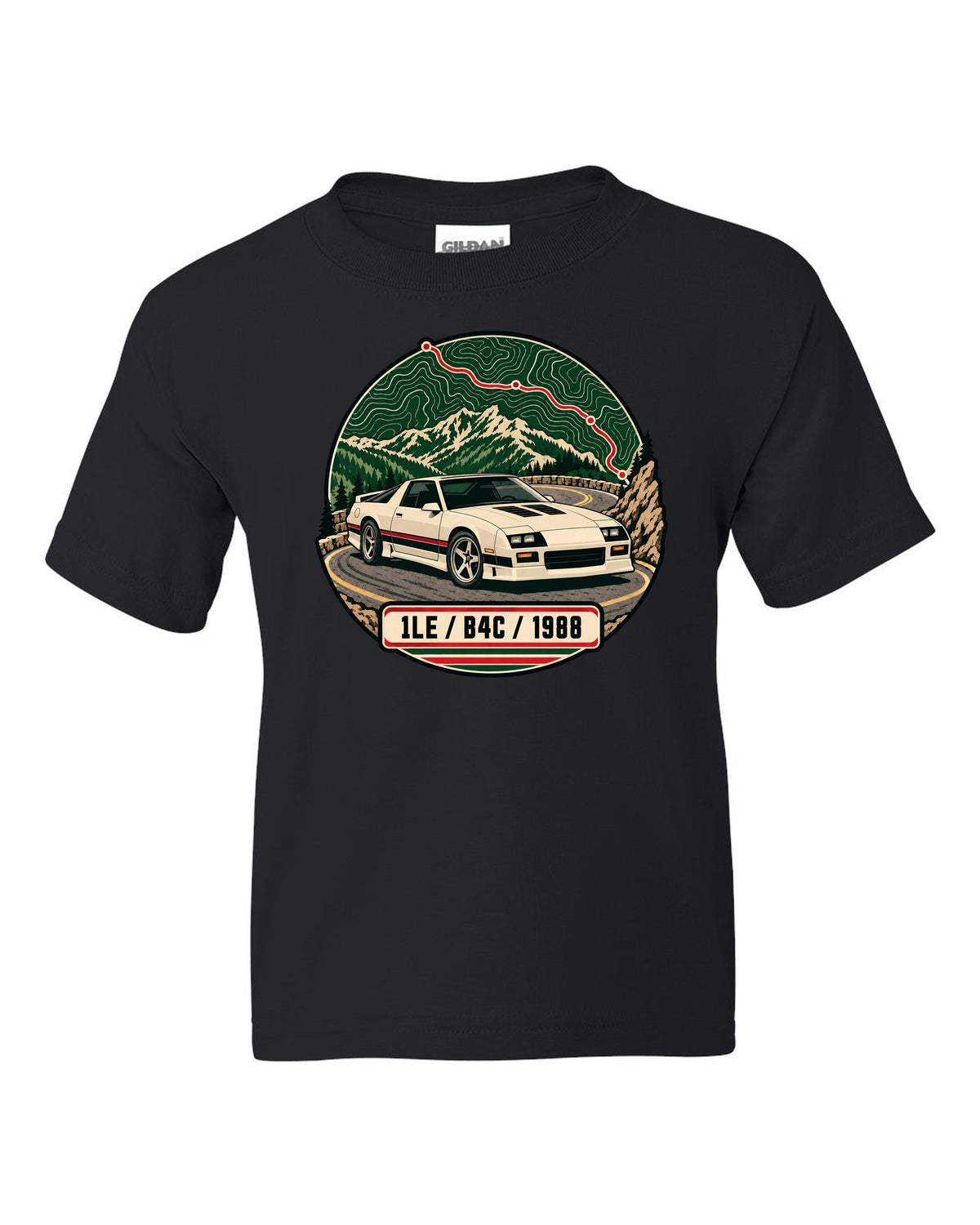 1988 Chevrolet Camaro 1LE topographic route map print with 1LE B4C 1988 text black kids tee front view with the design