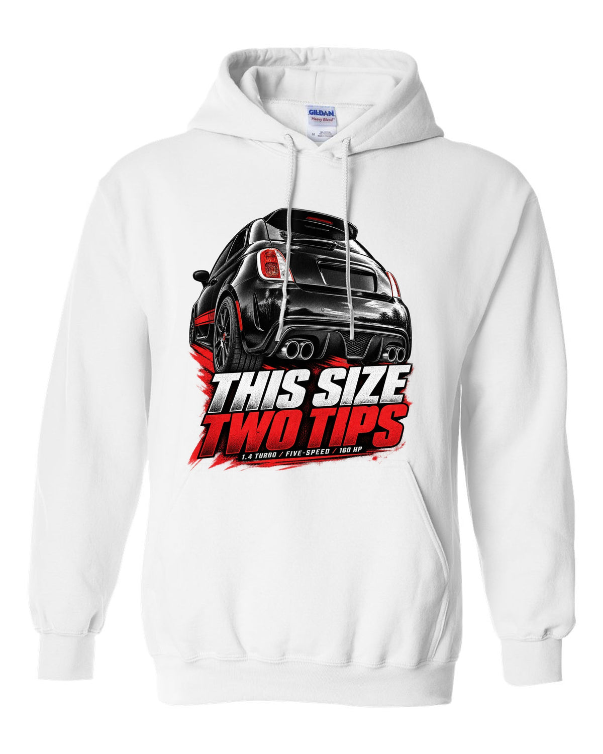 Low rear crop of a US Fiat 500 Abarth exhaust and diffuser on a print white pull over hoodie front view with the design