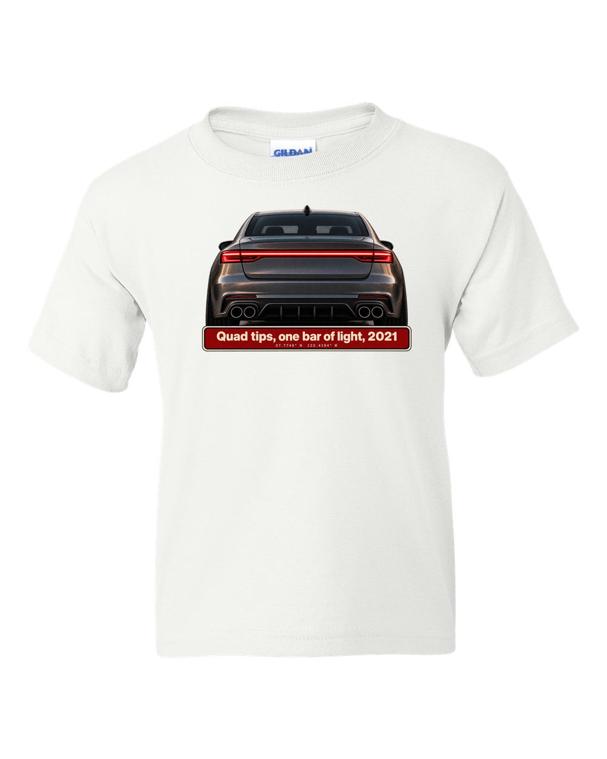 Acura TLX Type S taillight and quad exhaust tips macro print white kids tee front view with the design