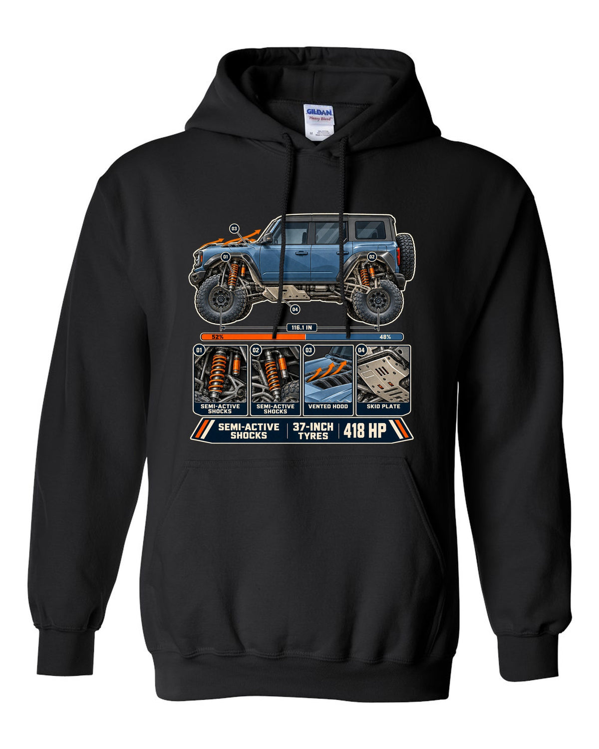 Ford Bronco Raptor suspension cutaway with callouts print black pull over hoodie front view with the design