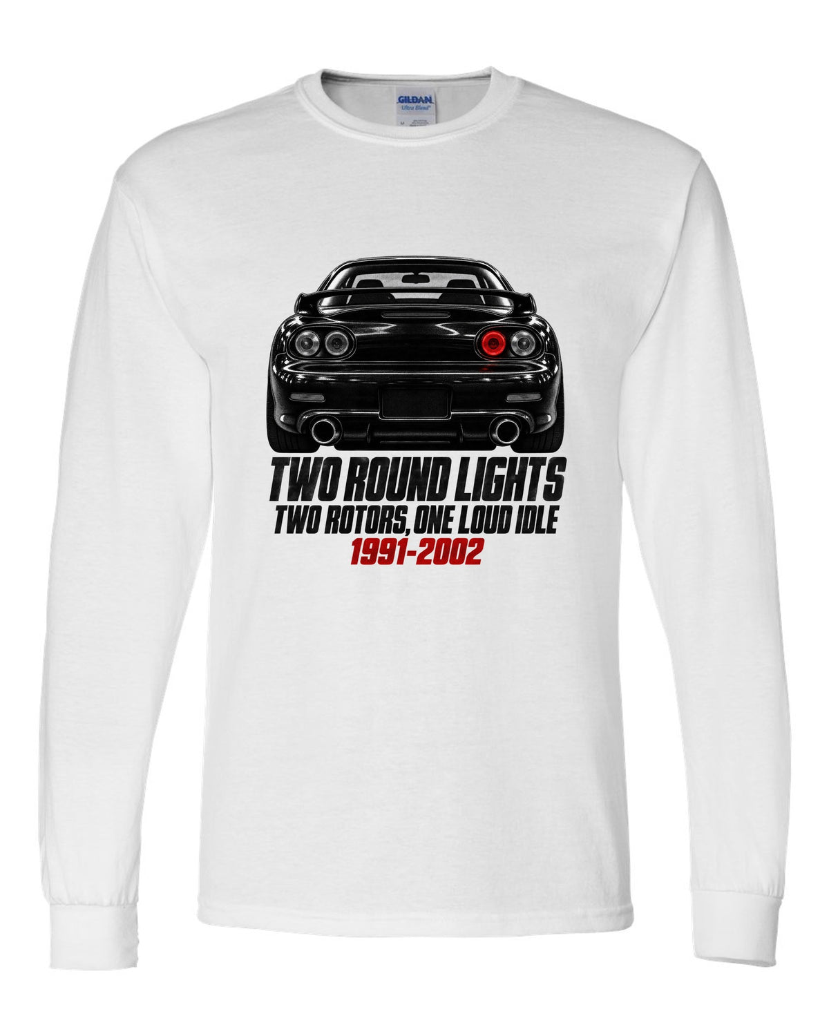 Taillight detail print of a Mazda RX-7 FD3S with two round lamps white long sleeve front view with the design