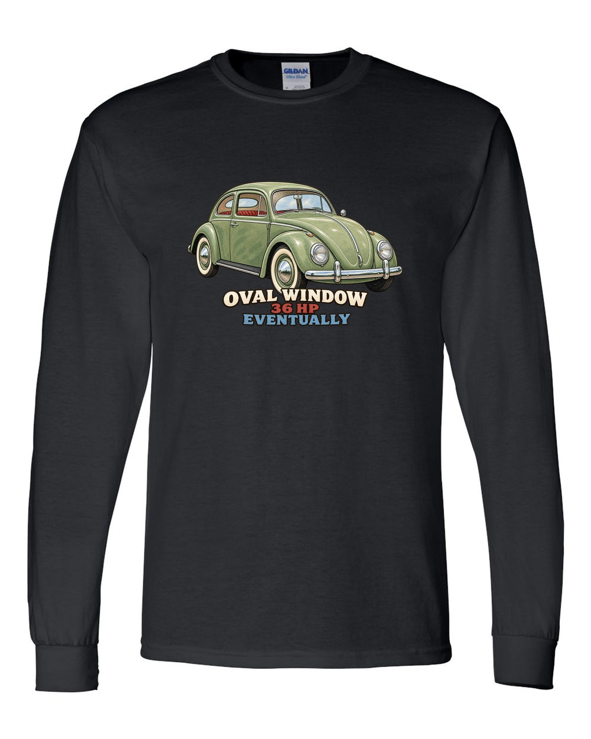 Gouache painted print of a 1956 VW Beetle Type 1 oval window with 36 HP lettering black long sleeve front view with the design