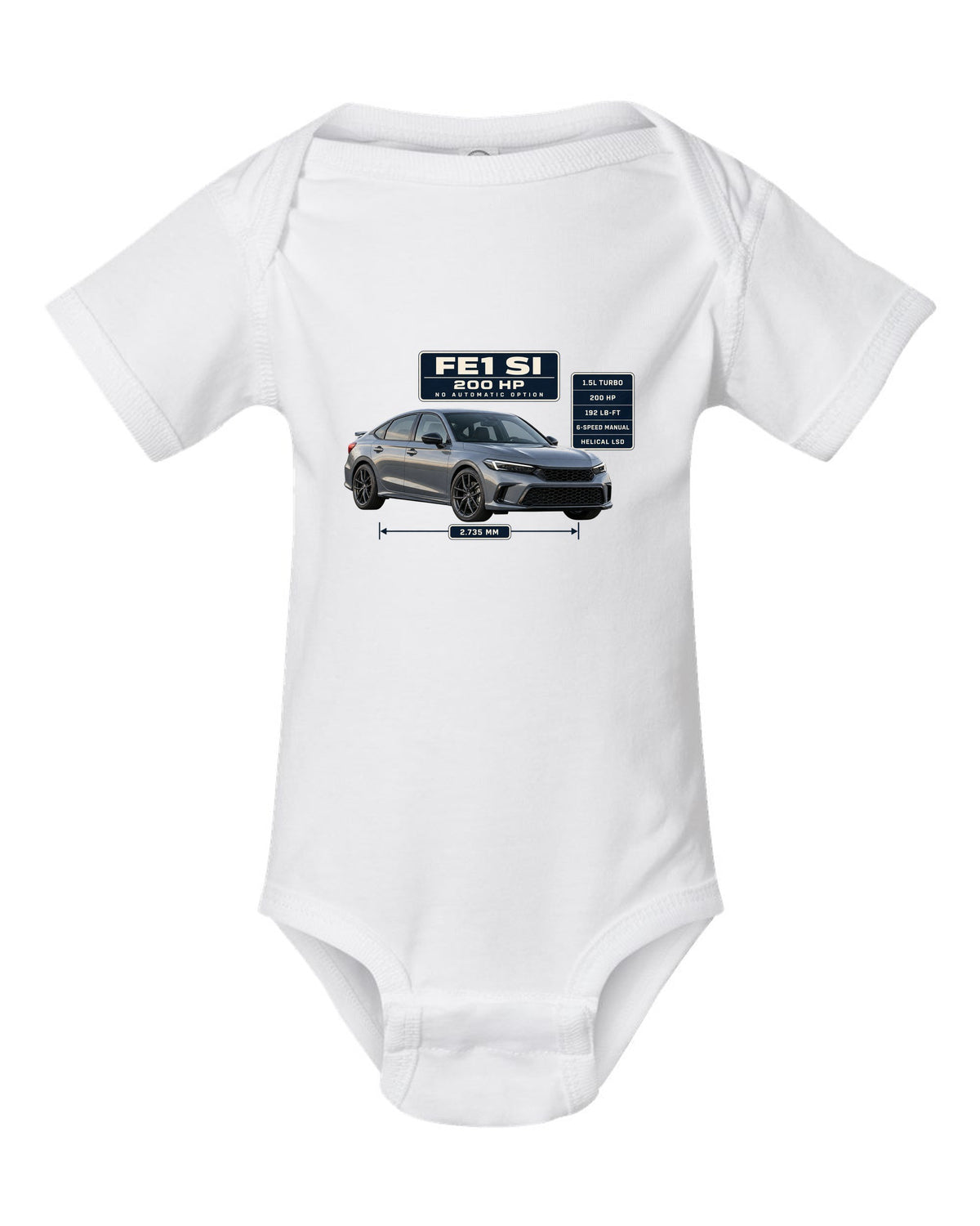 Honda Civic Si FE1 sedan front three-quarter spec poster print white baby onesie front view with the design