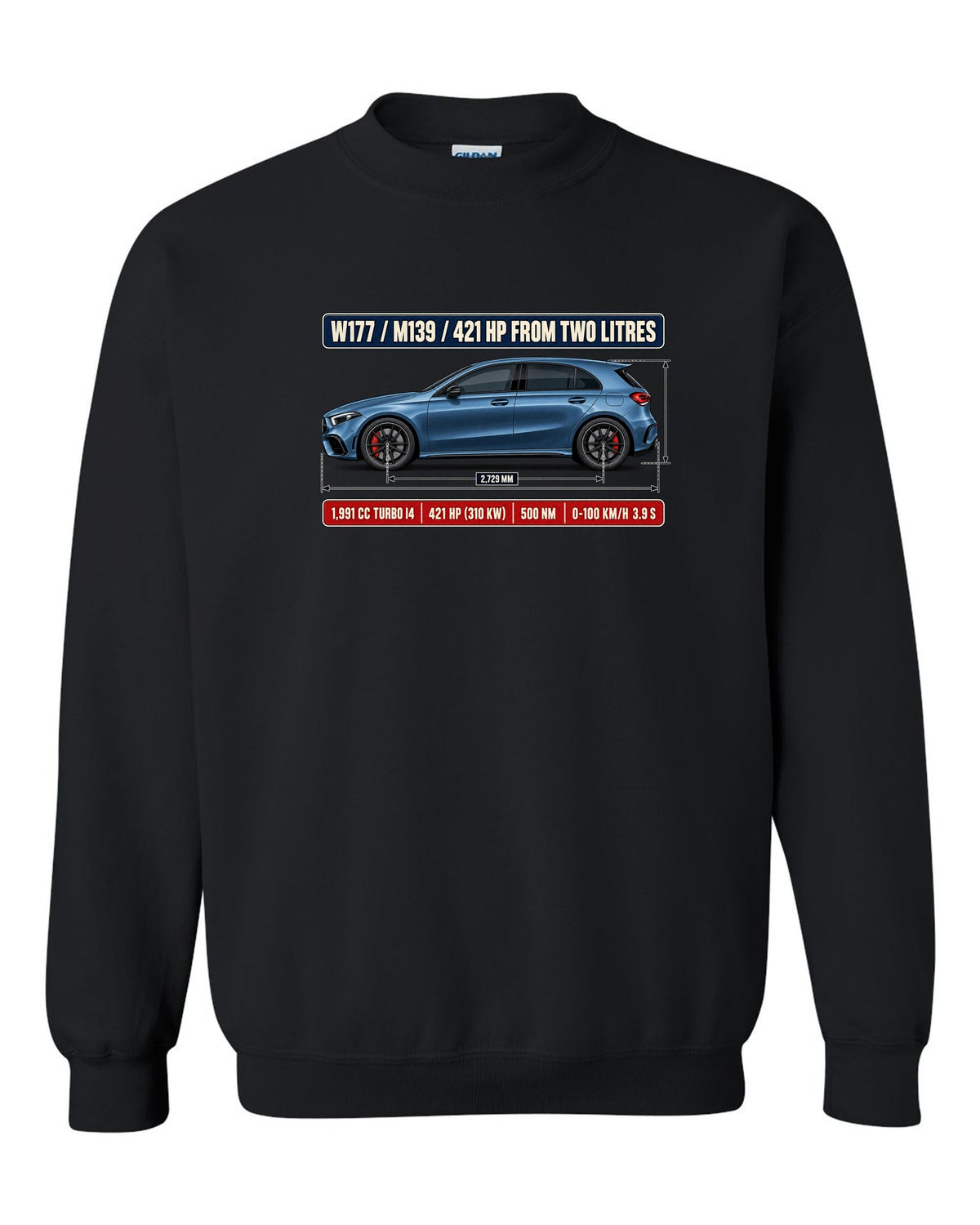 Mercedes-AMG A45 S W177 chback dimension blueprint print black crewneck front view with the design