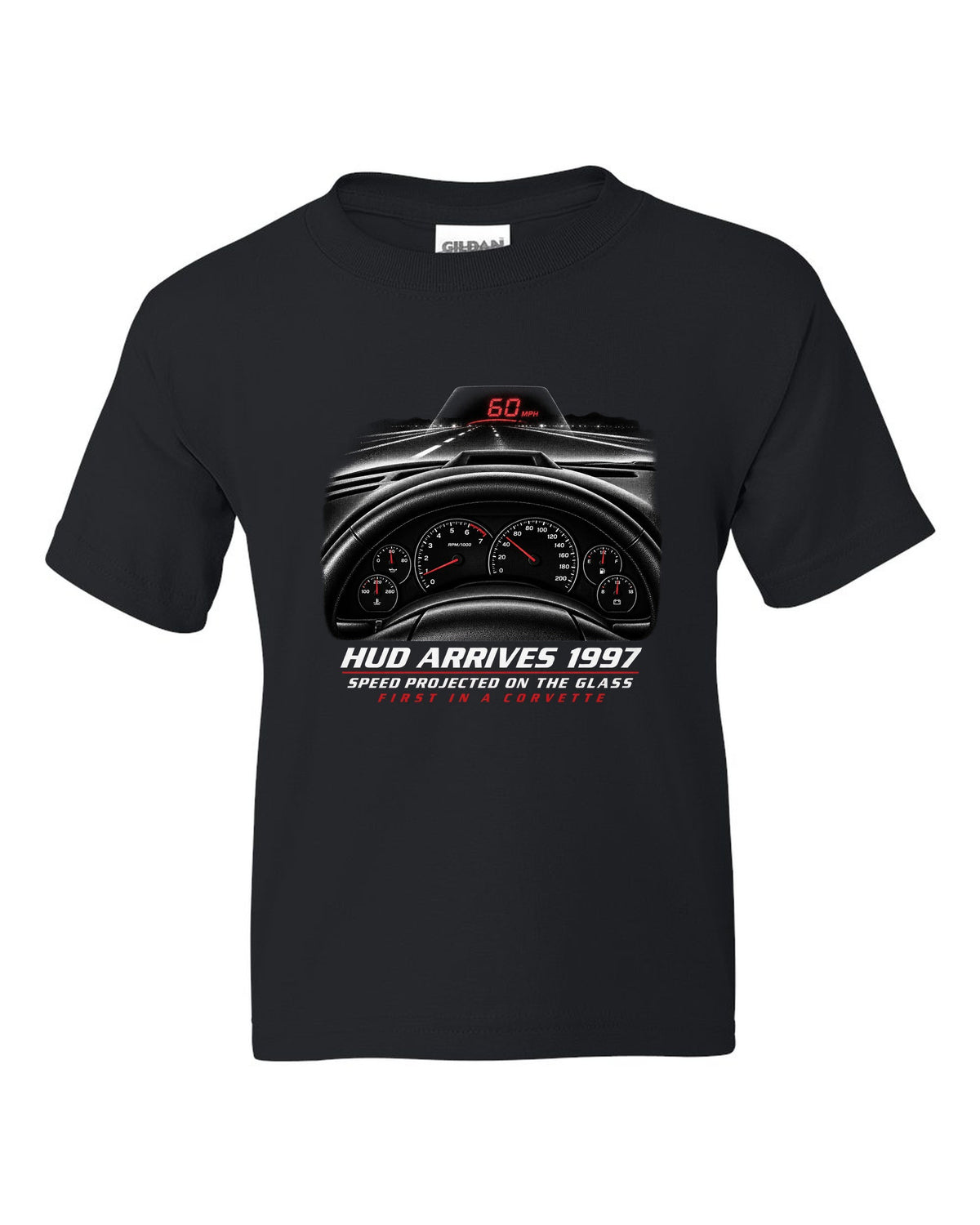 Corvette C5 heads-up display and gauge cluster print black kids tee front view with the design