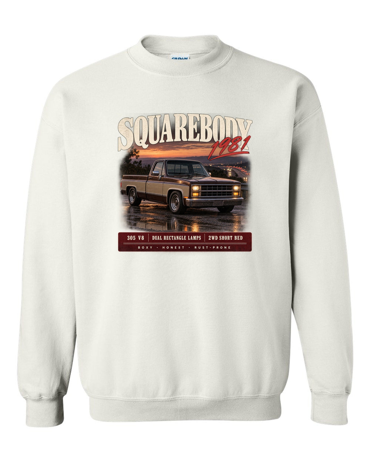 1981 Squarebody C10 Silverado archive panel print white crewneck front view with the design